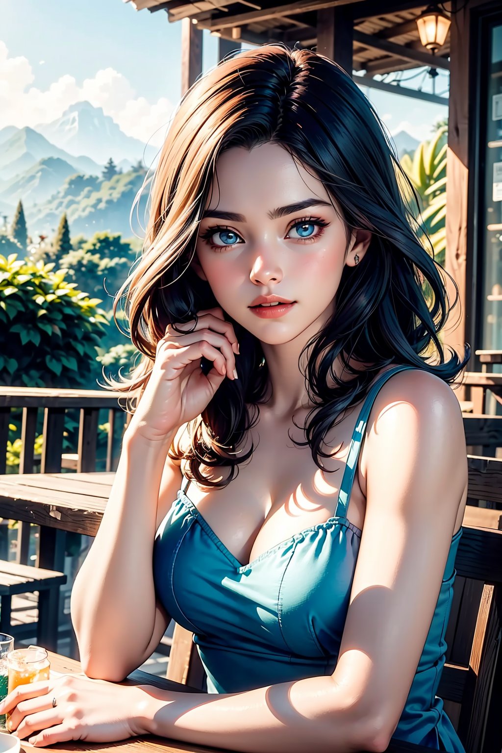 ultra detailed, (masterpiece, top quality, best quality, official art, perfect face:1.2), UHD, cinematic, (muted colors, dim colors), perfect face, perfect eyes, long-lenses photograph, realistic, 8K, 16K, with mountains and valleys, dynamic lighting, (1girl), in an outdoor restaurant overlooking the ocean, table has food and drinks, candles, vibrant colors, she is styling with a Hawaiian dress, detailed expressive eyes, bright mood lighting coconut tree, foliage, potted plants, treehouse, balcony, photorealistic, masterpiece, romance, Line art, 