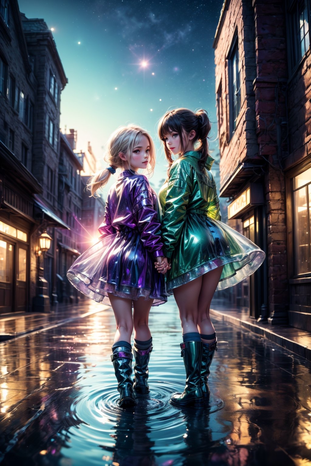 ultra detailed, (masterpiece, top quality, best quality, official art, beautiful and aesthetic:1.2), (photorealistic:1.37), UHD, HDR, 16K, 8K, beautiful girl, sharp focus, Two girls playing in puddles wearing rain boots. In the center of the puddles, there is a clear reflection of the transparent water surface with bright light reflecting upon it. The girls are dressed in yellow raincoats and wearing boots, allowing them to play in the puddles without getting wet. One of them is an energetic girl with her hair tied up in pigtails, while the other has cute short twin tails. Holding hands, they jump and frolic, creating splashes of water. The weather is fine after the rain, and a vibrant rainbow stretches across the background. The colors of the rainbow harmonize with the girls' smiles, creating a joyful atmosphere, colorful wear, (adorable difference face:1.4), colorful, (photo-realisitc), night background, exposure blend, medium shot, bokeh, (hdr:1.4), high contrast, (cinematic, teal and green:0.85), (muted colors, dim colors, soothing tones:1.3), low saturation,High detailed 