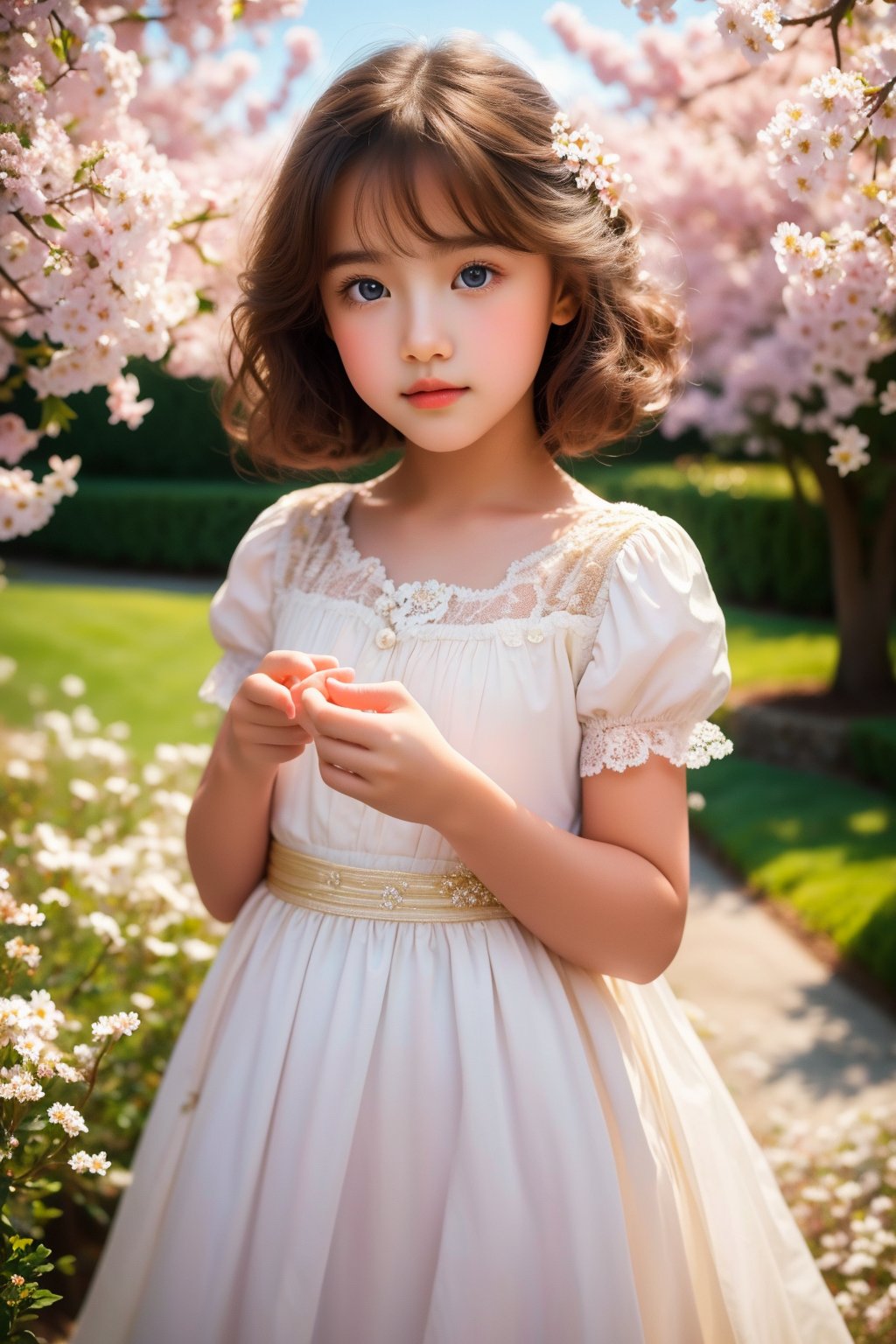 (ultra detailed, ultra highres), (masterpiece, top quality, best quality, official art :1.4), (high quality:1.3), (1 boy, 1 girl :1.6), cinematic, (muted colors, dim colors), (perfect eyes, perfect face:1.3), long-lenses photograph, realistic, UHD, 16K, 8K, warm glow, extremely detailed CG, (perfect hands, perfect fingers, nice hands), photorealistic, perfect shadow, perfect lighting, a noble little girl wearing a pink dress and a daisy tiptoes towards a boy with curly hair, reaching out a delicate rose in a thornless stem, standing on cobblestone pavement, under a cloudless sky, with a row of blooming cherry blossom trees in the background, captured with a Canon EOS 5D Mark IV camera, 50mm lens, medium shot focusing on the girl’s tender gesture, in a style reminiscent of a romantic oil painting by Thomas Kinkade,