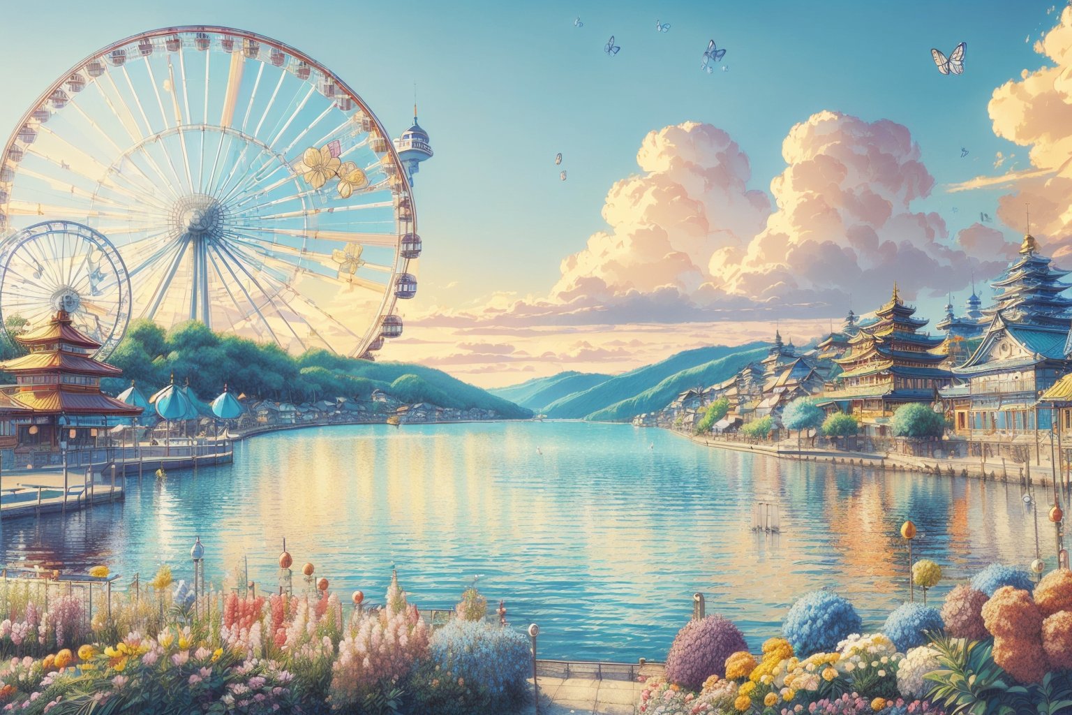 (1girl :1.5), front shot, adorable, (ultra detailed, ultra highres), (masterpiece, top quality, best quality, official art :1.4), (high quality:1.3), cinematic, wide shot, (muted colors, dim colors), A whimsical cityscape under a bright blue sky with fluffy clouds and butterflies. The city features traditional wooden buildings and a fantastical structure that combines a castle, a pagoda, (and a Ferris wheel). The colors are vibrant and detailed. 4k, Ghiblism2-Ghibli, GhiblismDetailed2, Ghiblismkw2 extremely detailed CG, photorealistic,Anitoon2,Pastel color,flower,DonMSn0wM4g1c,xewx