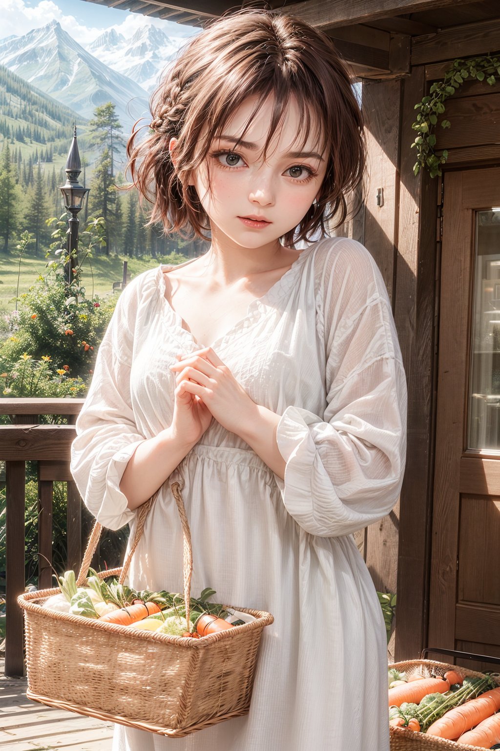 (best quality),(masterpiece:1.1),(extremely detailed CG unity wallpaper:1.1), (colorful cloth :1.3),(panorama shot:1.4),looking at viewer, from below, high res, detailed face, detailed eyes, 1 girl, solo, short-bob roughtly cut and two braided hair-bangs tied behind her head, cute hairstyle, full body, mountain forest , outdoors, (perfect fingers :1.4), perfect face, five fingers for each hand, fantasy, hugging basket , vetgetable, tomato , carrot, Exquisite face,