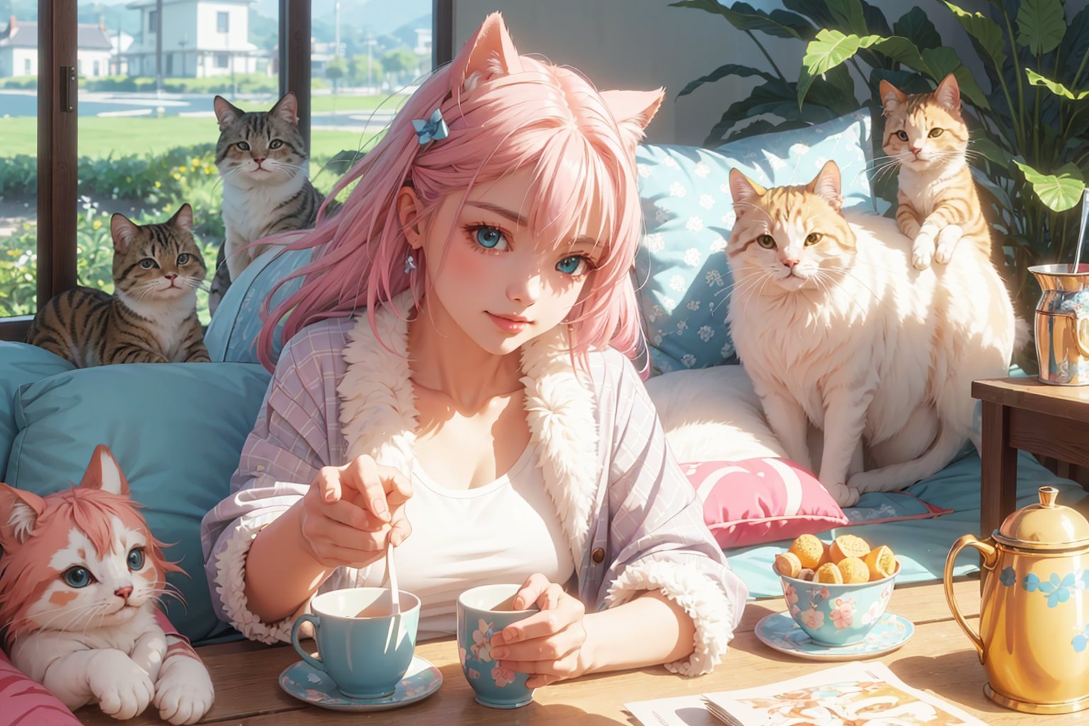 (best quality,ultra-detailed,cute animals,vivid colors,soft lighting,digital illustration,fluffy fur,playful expressions,adorable poses,dreamy atmosphere,colorful surroundings), (art by Makoto :1.5), digital art, child, cute cat, 16K, cool wallpaper, things, jasmine, pillows, clutter, toy, basket, wood, pot, can copper, garden yard, circle face, smile, sharp focus, HDR, Add more details, long hair, cute style,