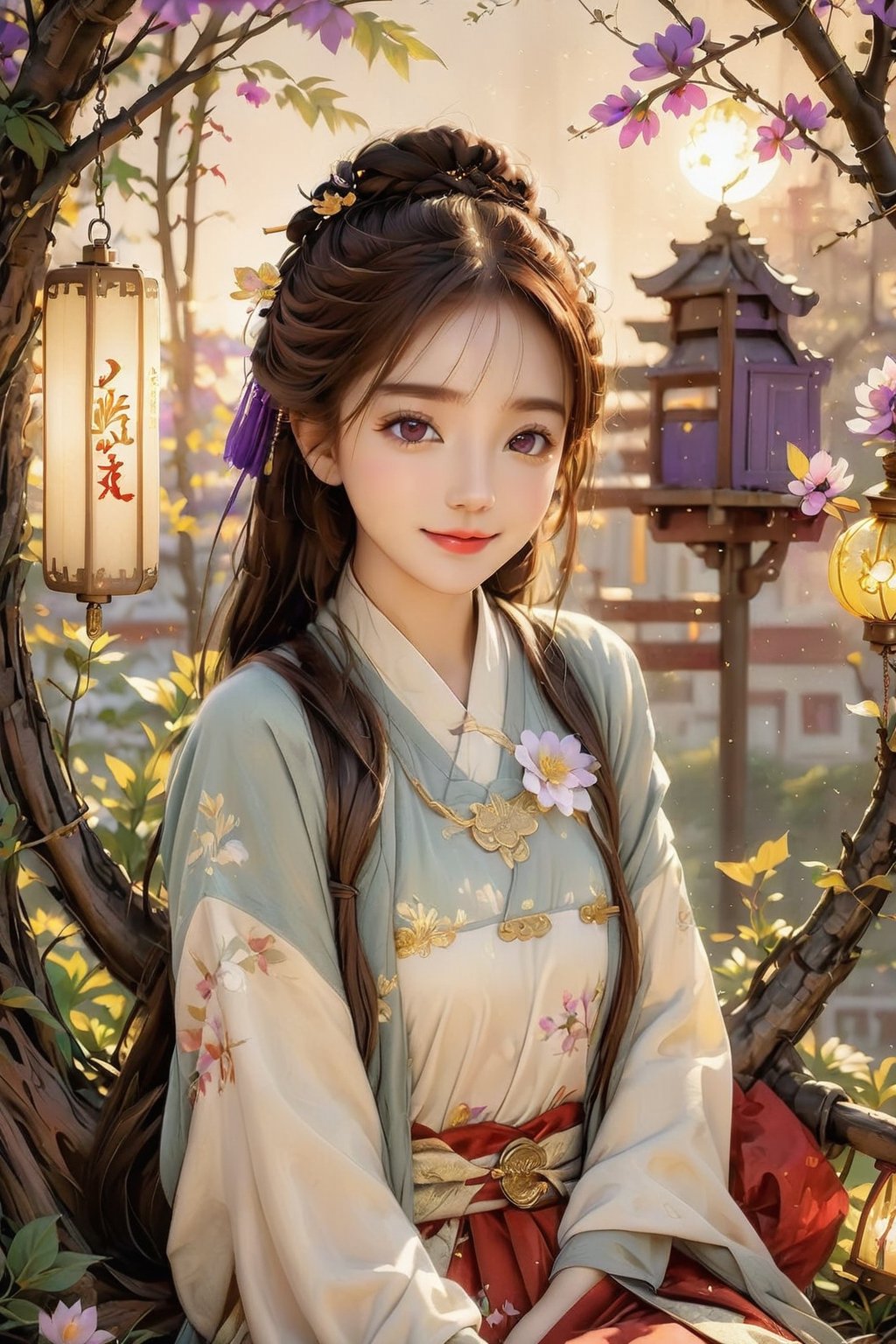 Beautiful 1girl, ((12 years old)), (masterpiece, top quality, best quality, official art, beautiful and aesthetic:1.2), (executoner), extreme detailed, colorful, highest detailed ((ultra-detailed)), (highly detailed CG illustration), ((an extremely delicate and beautiful)), cinematic light, niji style, Chinese house style, in the morning light, maple tree bloom, sunray through the leaves, beautiful eyes, ((light brown eyes)), perfect face, smiling happily, 32k ultra high definition, Pixar movie scene style, realistic high quality Portrait photography, eternal beauty, the lantern behind her emits a soft light, beautiful and dreamy, the flowers are in bloom, and the light bokeh serves as the background, (bronze eyes:1.4), ((purple and yellow hues)), cute animal winterhanfu, holding object, funny pose, (sitting on a tree swing:1.5)