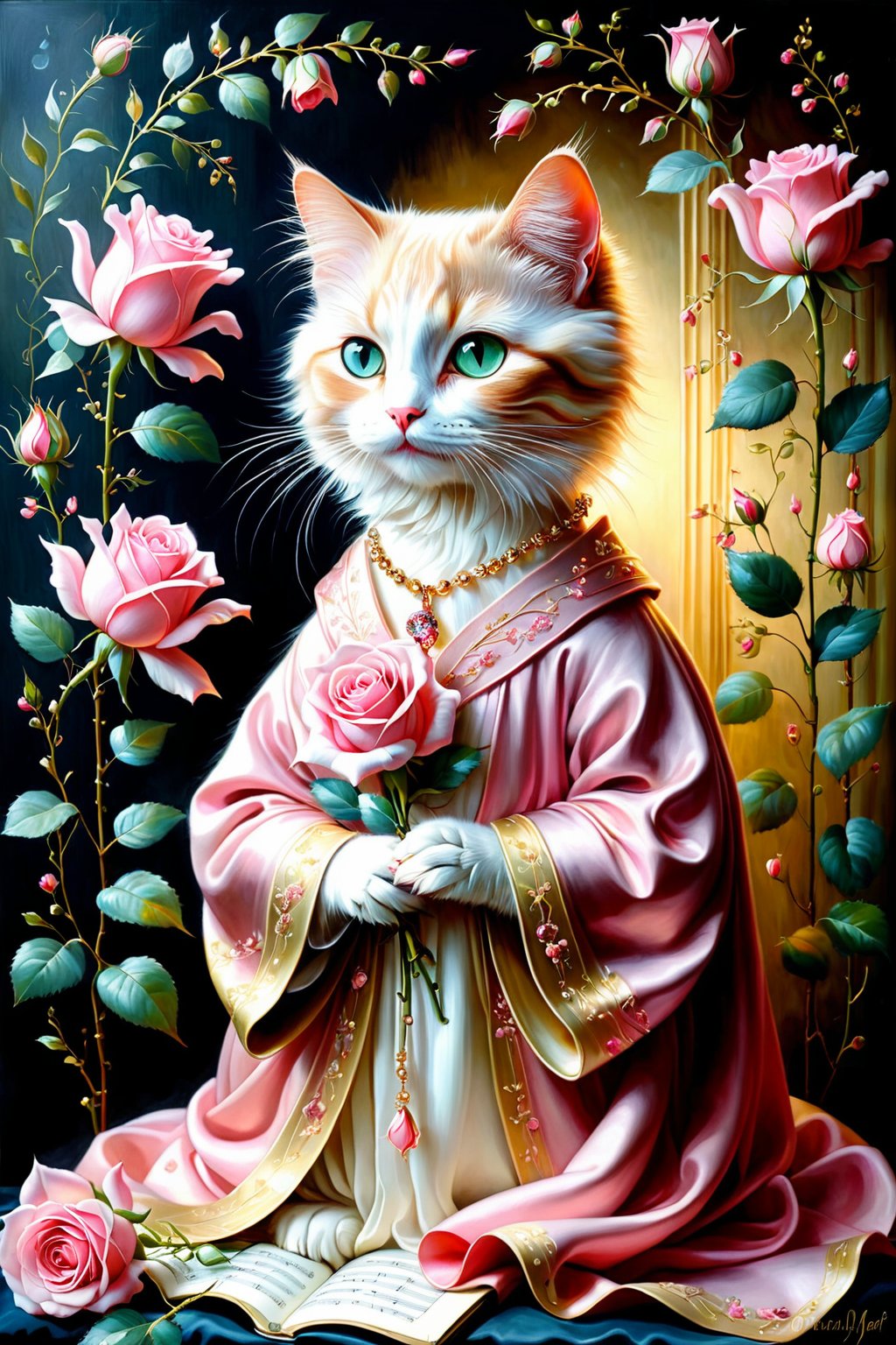 royal cat holding pink rose,clad in opulent robe,moonshine necklace,Little love around,floral sheet music background
Oil painting inspired by the style of Silke Leffler, Lisbeth Zwerger, Rebecca Dautremer, and  sandro nardini,
sharp focus, emotive brushstrokes,
strong chiaroscuro for heightened contrast between light and shadows,
creating a tangible sense of depth and perspective, realistic drawings,More Details, stworki