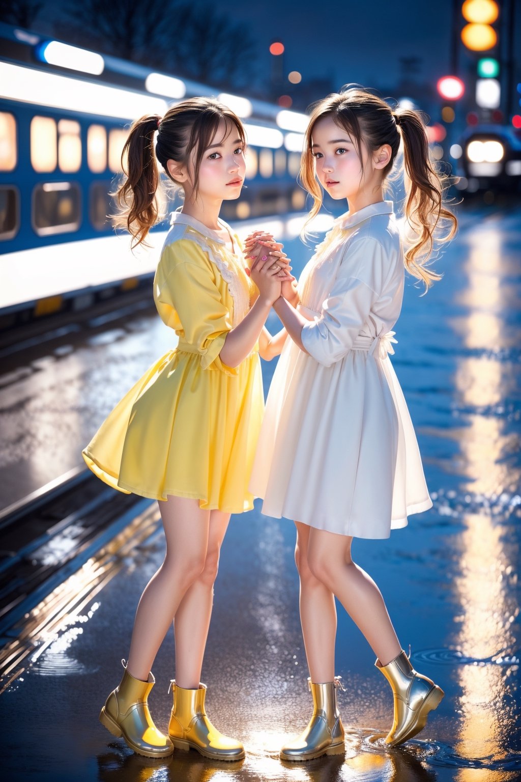 Raw photo, (Ultra realistic), (highly detailed eyes, highly detailed face), (ultra detailed:1.4), realistic, (photorealistic:1.37), (illustration:1.2), Two girls playing in puddles wearing rain boots. In the center of the puddles,  there is a clear reflection of the transparent water surface with bright light reflecting upon it. The girls are dressed in yellow raincoats and wearing boots,  allowing them to play in the puddles without getting wet. One of them is an energetic girl with her hair tied up in pigtails,  while the other has cute short twin tails. Holding hands,  they jump and frolic,  creating splashes of water. The weather is fine after the rain,  and a vibrant rainbow stretches across the background. The colors of the rainbow harmonize with the girls' smiles,  creating a joyful atmosphere,  colorful wear,  (adorable difference face:1.4),  colorful, (photo-realisitc),  night background,  exposure blend, medium shot, bokeh, (hdr:1.4), high contrast, (cinematic, teal and light magenta:0.85), (muted colors, dim colors,  soothing tones:1.3), low saturation, (perfect hands, perfect fingers :1.5), cinematic light, depth of fields, twilight, looking at viewer, (stunning light:1.3), (night, metropolis and sky train background :1.4), Backlighting of natural light, falling petals,