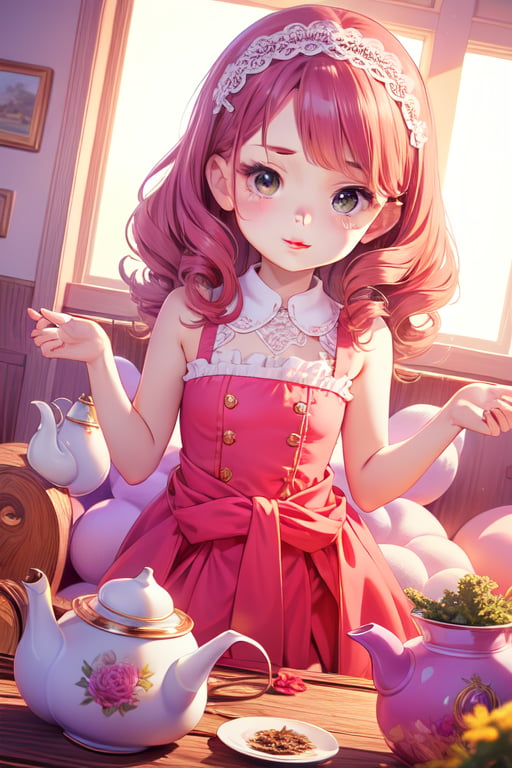 (extremely detailed CG unity wallpaper:1.1), (colorful:0.9),(panorama shot:1.4),16K, UHD, HDR, carnation, perfect shadow, perfect fingers, perfect face, (dynamic angle :1.4), adorable girl dressed in a (Bisque Doll-like girl outfit: 1.1), high resolution, perfect eyes:1.3, perfect face:1.3, long eyelashes, (masterpiece:1.3), best quality, nostalgic, (realistic: 1.4), (illustration: 1.2), random hair color, ((1 girl)), (14years old, loli:1.4), cute face, maid costume, pretty eyes, (making tea: 1.6), big cleaning, clutter, (Ray tracing: 1.3), clear delicate faces, Angelonia, Rich red dress with lots of lace and frills, (Waist up body: 1.5), perfect lighting, perfect shading, rim light, perfect anatomy, perfect hands, (best quality, masterpiece), gazebo, ((Bright Periwinkle)), (funny pose:1.3), action pose, hands up, flower pattern, flower pot, (green-purple eyes:1.3) red hair and wavy hair, very cute hair