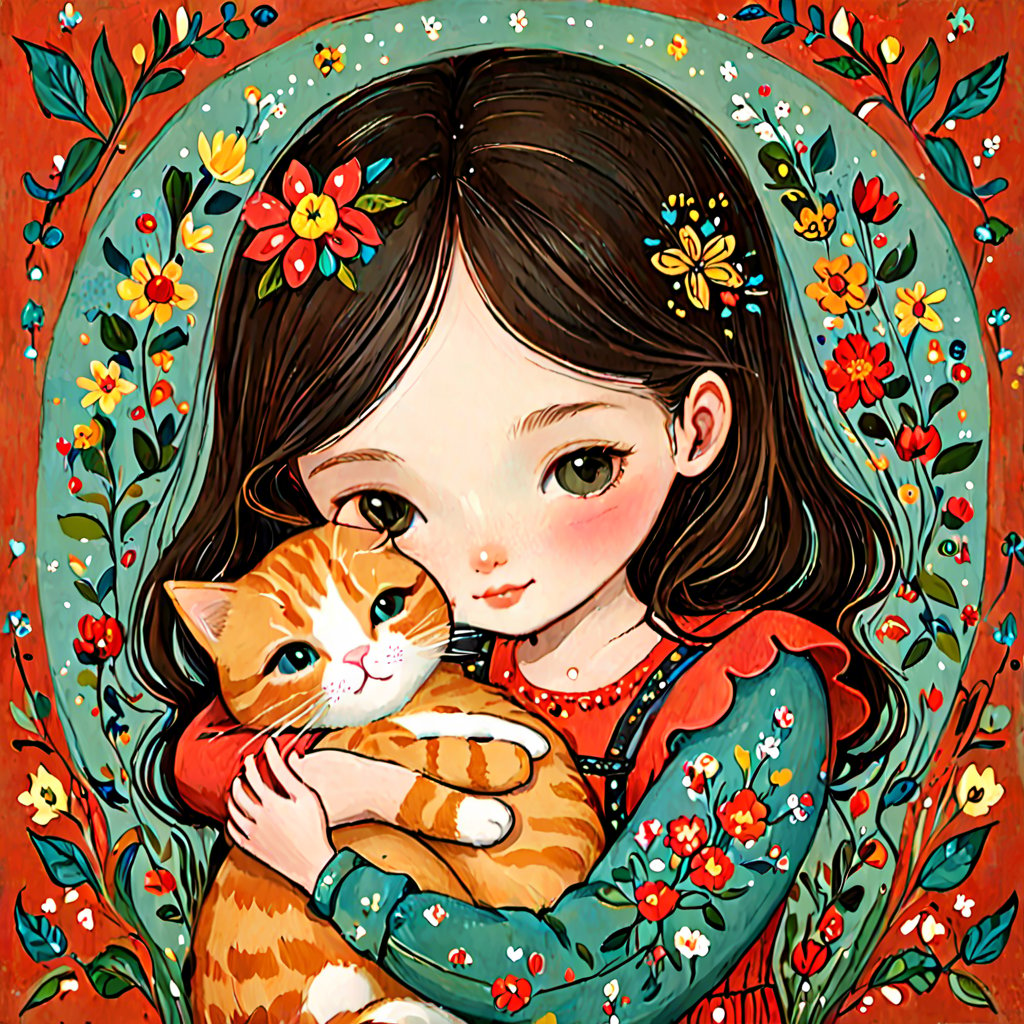 Whimsical folk art picture of a (little sweet girl) and (cat) hugging each other.
,Perfect skin,no