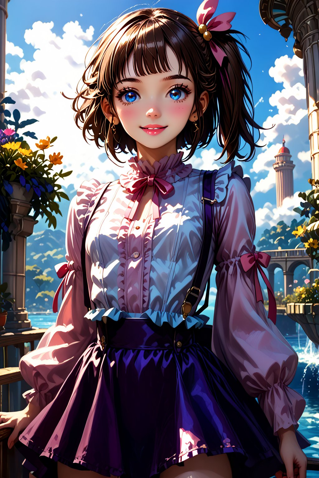 score_9_up, score_8_up, score_7_up, masterpiece, official art, ((ultra detailed)), Masterpiece, beautiful details, perfect focus, 8K, high resolution, exquisite texture in every detail, 1girl, solo, looking at viewer, blush, smile, bangs, blue eyes, hair ornament, purple hair, hair rings, twin braids, (Realistic: 1.2), (illustration: 1.2), dramatic shadows, (dramatic lighting:1.1), masterpiece, best quality, ultra-realistic, ultra detailed, ultra detailed face, hyper extreme detailed body, finely detailed beautiful eyes and face, high resolution, UHD, (((perfect anatomy))), perfect hands, ((perfect fingers)), perfect body, (Highly detailed scenery:1.1), Highly detailed background, depth of field, dramatic, atmospheric, kawaii, ((1girl, Asian)), ((10 years old)), cute child, cameltoe, ((jirai fashion with pink and red, skirt, ribbon, hair ribbon, suspenders, detached sleeves, pink ribbon, purple suspender skirt, white frilled shirt)), outdoor, beautiful sky, waving arm, illuminated face, dynamic scenery, boat, ((pillar)), happy smile, (brown hair, blue eyes: 1.3), plait hair, ribbon, choker, (side ponytail :1.3), (dynamic pose: 1.3), backlighting, side lighting, lifted skirt, under below, flowers, botanical, potted plant, petals, blue sky, sunlight, river, splashing water, reflection, balloon in sky, white cloud, garden sharp focus, HDR, Add more details, Architecture, full juicy lips, (kawaii face),