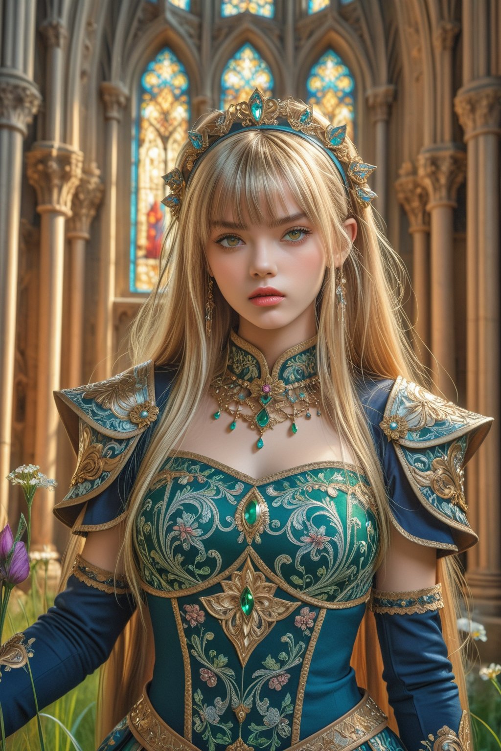 masterpiece, official art, ((ultra detailed)), (ultra quality), high quality, perfect face, 1 girl with long hair, blond-green hair with bangs, bronze eyes, detailed face, wearing a fancy ornate (((folk dress))), shoulder armor, armor, glove, hairband, hair accessories, striped, (holding the great weapon:1.37), jewelery, thighhighs, pauldrons, side slit, capelet, vertical stripes, looking at viewer, fantastical and ethereal scenery, daytime, church, grass, flowers. Intricate details, extremely detailed, incredible details, full colored, complex details, hyper maximalist, detailed decoration, detailed lines, best quality, HDR, dynamic lighting, perfect anatomy, realistic, more detail,
,Architectural100,style