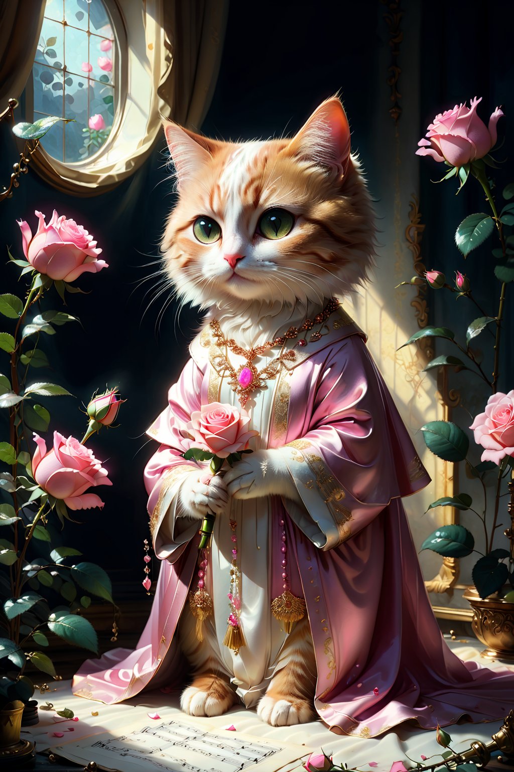 royal cat holding pink rose,clad in opulent robe,moonshine necklace,Little love around,floral sheet music background
Oil painting inspired by the style of Silke Leffler, Lisbeth Zwerger, Rebecca Dautremer, and  sandro nardini,
sharp focus, emotive brushstrokes,
strong chiaroscuro for heightened contrast between light and shadows,
creating a tangible sense of depth and perspective, realistic drawings,More Details, stworki