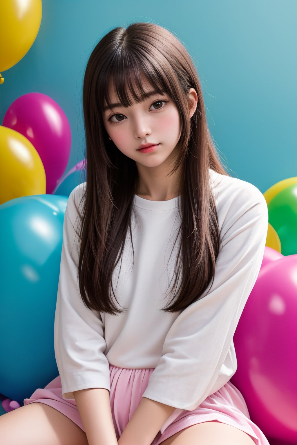 masterpiece, best quality, incredibly absurdres, 1girl, colorful balloon, sitting, happy, closed mouth, cute casual outfit, very long hair, confetti, upper body, bangs
