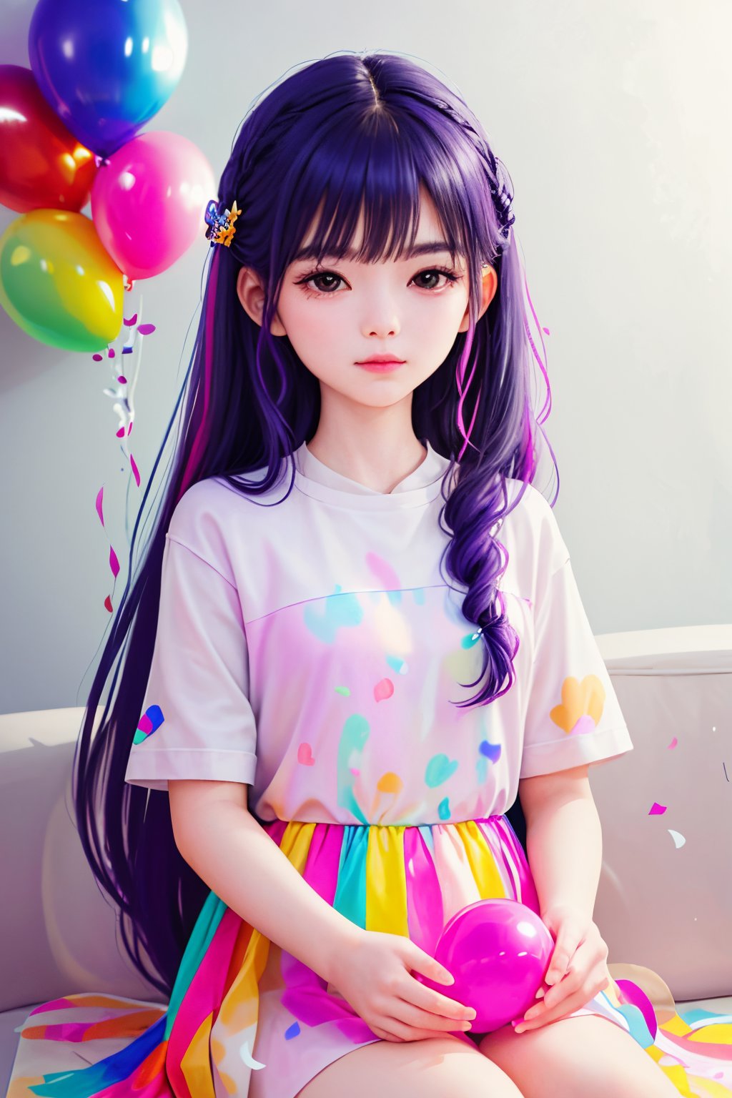 masterpiece, best quality, incredibly absurdres, 1girl, multiple colorful balloon, sitting, happy, closed mouth, casual outfit, very long hair, multi colored hair, confetti, upper body, bangs
