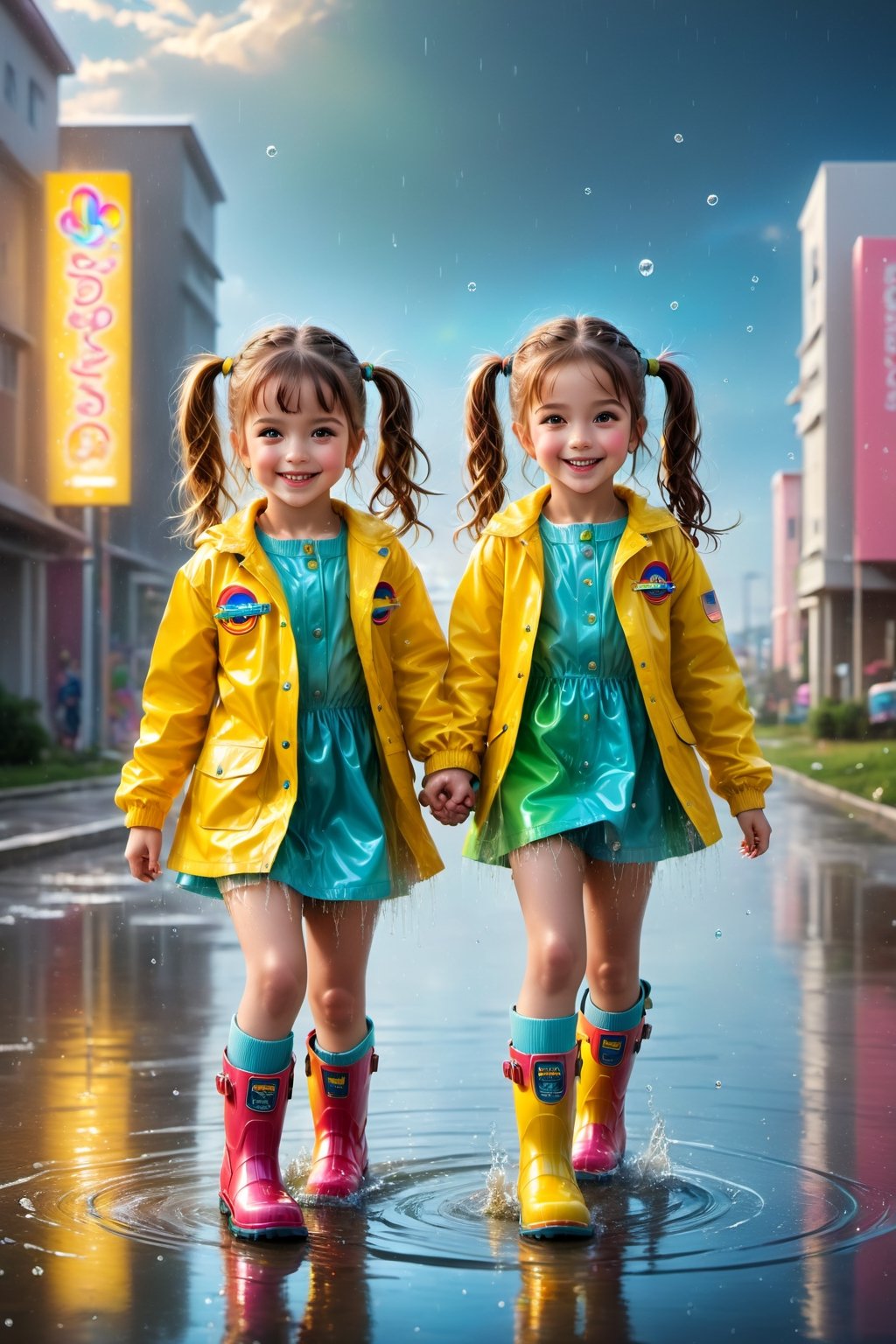 ultra detailed, (masterpiece, top quality, best quality, official art :1.2), (photorealistic:1.37), UHD, 16K, 8K, beautiful girl, sharp focus, Two girls playing in puddles wearing rain boots. In the center of the puddles, there is a clear reflection of the transparent water surface with bright light reflecting upon it. The girls are dressed in yellow raincoats and wearing boots, allowing them to play in the puddles without getting wet. One of them is an energetic girl with her hair tied up in pigtails, while the other has cute short twin tails. Holding hands, they jump and frolic, creating splashes of water. The weather is fine after the rain, and a vibrant rainbow stretches across the background. The colors of the rainbow harmonize with the girls' smiles, creating a joyful atmosphere, colorful wear, (adorable difference face:1.4), colorful, night background, exposure blend, medium shot, bokeh, (hdr:1.4), high contrast, (cinematic, teal and green:0.85), (muted colors, dim colors, soothing tones:1.3), low saturation, oil paint ,science fiction