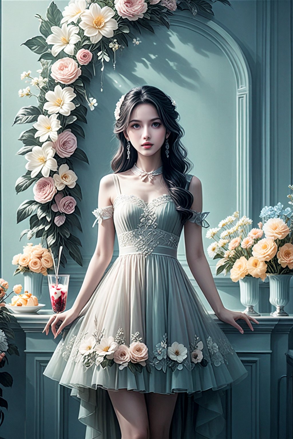 high contrast, highly detailed, 4k, 8k, HD,  digital art, ultra detailed, (masterpiece, top quality, best quality, official art, perfect face:1.2), UHD, (cinematic, azure and light pink:0.85), 32K, (Beautifully Detailed Face and Fingers), (muted colors, dim colors), vanilla dress, young beautiful girl, dynamic posing, art, 1girl, pop culture modern aesthetic cafe, bright, (flower wall:2), (parfait, dessert :1.4), (Five Fingers for Each Hand), (5fingers, detailed hand:1.2),(fine fingers, real hands, real fingers :1.5),More Details