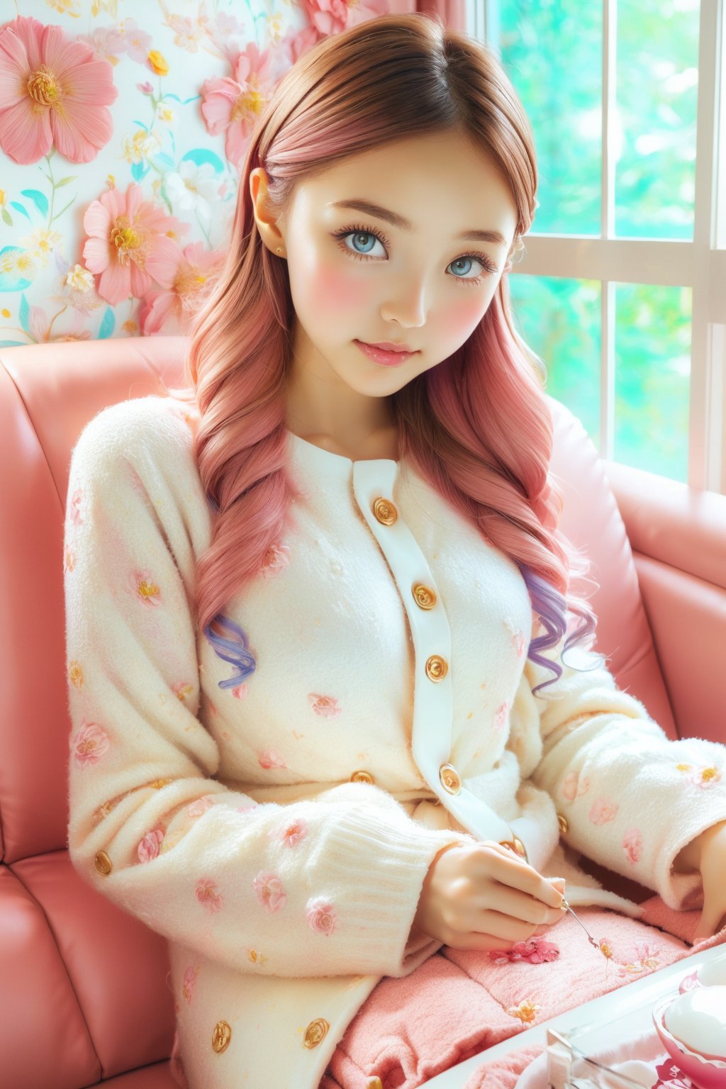 1girl,Tea bar machine, sofa,glass table, kawaii, (Realistic: 1.2), (illustration 1.2),long hair, ringed eyes, ((light particles)), (loli:1.2), rosy skin, (sofa flower pattern: 1.3), ((ultra-detailed hair)), blush, (cool color pallete:1.5), dim light, until dawn, brilliant colorAIDA_LoRA_apv2020