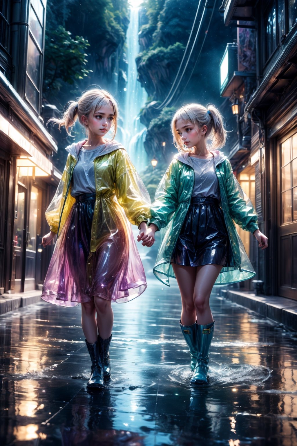 ultra detailed, (masterpiece, top quality, best quality, official art, beautiful and aesthetic:1.2), (photorealistic:1.37), UHD, HDR, 16K, 8K, beautiful girl, sharp focus, Two girls playing in puddles wearing rain boots. In the center of the puddles, there is a clear reflection of the transparent water surface with bright light reflecting upon it. The girls are dressed in yellow raincoats and wearing boots, allowing them to play in the puddles without getting wet. One of them is an energetic girl with her hair tied up in pigtails, while the other has cute short twin tails. Holding hands, they jump and frolic, creating splashes of water. The weather is fine after the rain, and a vibrant rainbow stretches across the background. The colors of the rainbow harmonize with the girls' smiles, creating a joyful atmosphere, colorful wear, (adorable difference face:1.4), colorful, (photo-realisitc), night background, exposure blend, medium shot, bokeh, (hdr:1.4), high contrast, (cinematic, teal and green:0.85), (muted colors, dim colors, soothing tones:1.3), low saturation,High detailed, happily,