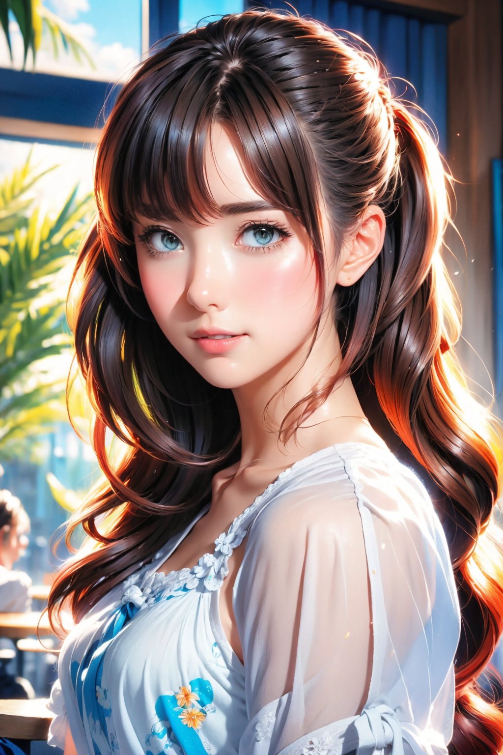 kawaii, (Realistic: 1.2), (illustration: 1.2), (in cafe:1.5), full body, (masterpiece:1.4), (best quality:1.1), high resolution illustration, coloful, intricate details, cinematic light, depth of field, (finely detailed face), (beautiful face:1.3), (extra wide shot:1.3), (white blouse:1.3), ((ultra-detailed hair)), brilliant color, 8K, 16K, UHD, HDR, ultra detailed, perfect light, perfect shadows, David Hockney and Vincent Van Gogh, Blue and orange, Tempera painting, Colorful Shadows, Rounded edges on everything, A view from inside a Florida beach house, ocean, palm trees, moonstone tones, sunset, beautiful ocean, secluded, tropical paradise, correct wave direction toward the beach, cinematic smooth, volumetric lighting, ray tracing, high dynamic range, ultra-realistic, complex detail, atmospheric, maximalist digital matte painting, detailed matte painting, detailed, fantastical, splash screen, complementary colors, fantasy concept art, resolution, centered, divine bright, cinematic smooth, volumetric lighting, creative, surreal hallucinatory intricately detailed sharp focus, professional ominous concept art, an intricate, grunge textures, clean and bold, cinematic composition, golden ratio, pencil and kneaded eraser, sharp focus, ambient occlusion, backface lighting, rim light, pastel colors, sense of depth, trending on zbrush central highly detailed, maximalist digital matte painting, detailed matte painting, fantastical, splash screen, complementary colors, fantasy concept art, centered, symmetry, heavenly sunshine beams, divine bright, sharp focus,DonMD0n7P4n1c,Colors,********