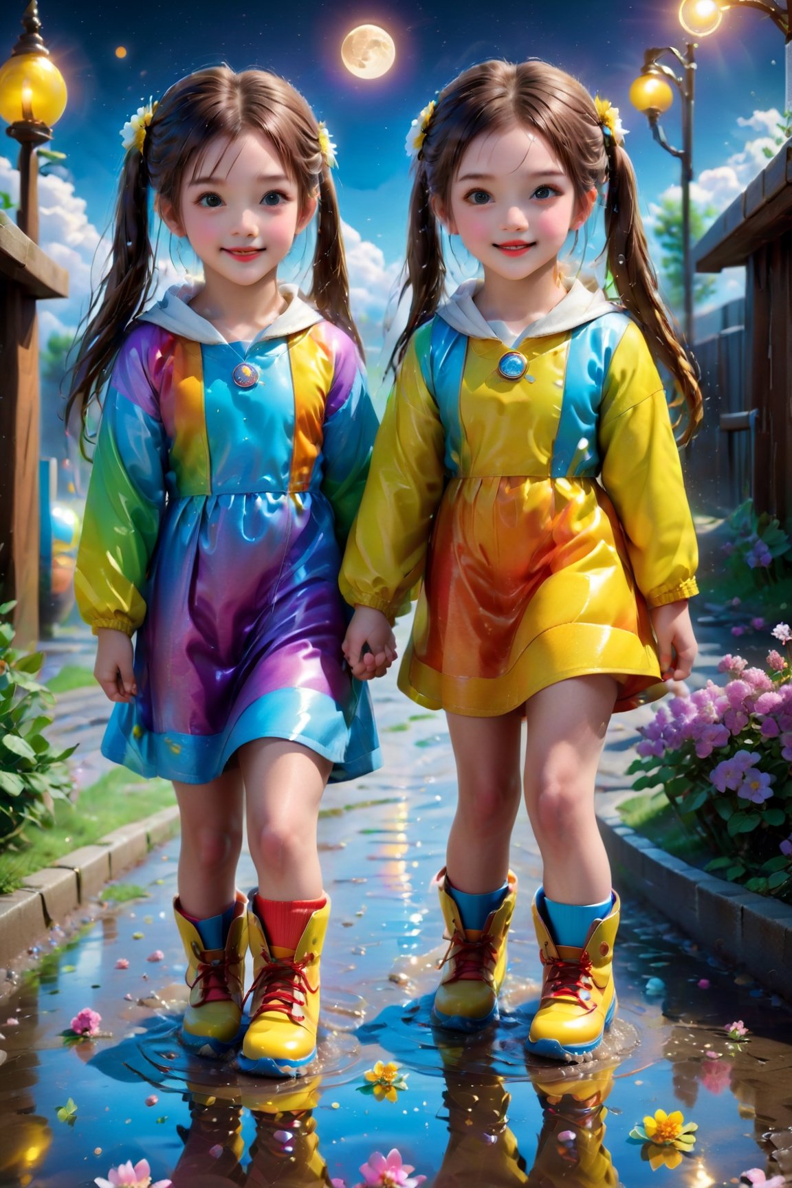 HDR, UHD, 16K, ultra detailed, (masterpiece, top quality, best quality, official art :1.2),( high res:1.2)(photorealistic:1.37), beautiful Two girls playing in puddles wearing rain boots. In the center of the puddles,  there is a clear reflection of the transparent water surface with bright light reflecting upon it. The girls are dressed in yellow raincoats and wearing boots,  allowing them to play in the puddles without getting wet. One of them is an energetic girl with her hair tied up in pigtails,  while the other has cute short twin tails. Holding hands,  they jump and frolic,  creating splashes of water. The weather is fine after the rain,  and a vibrant rainbow stretches across the background,  creating a joyful atmosphere,  Dark night,  wind blowing,  stary night,  night sky,  absurderes,  high resolution,  Ultra detailed backgrounds,  highly detailed hair,  Calm tones,  (Geometry:1.42), (Symmetrical background:1.4),  Photograph the whole body,  from below,  Backlighting of natural light,  falling petals,  the source of light is the moon light,  colorful wear,  (adorable difference face:1.4), (sharp focus:1.3), cyberpunk style,apex realistic XL