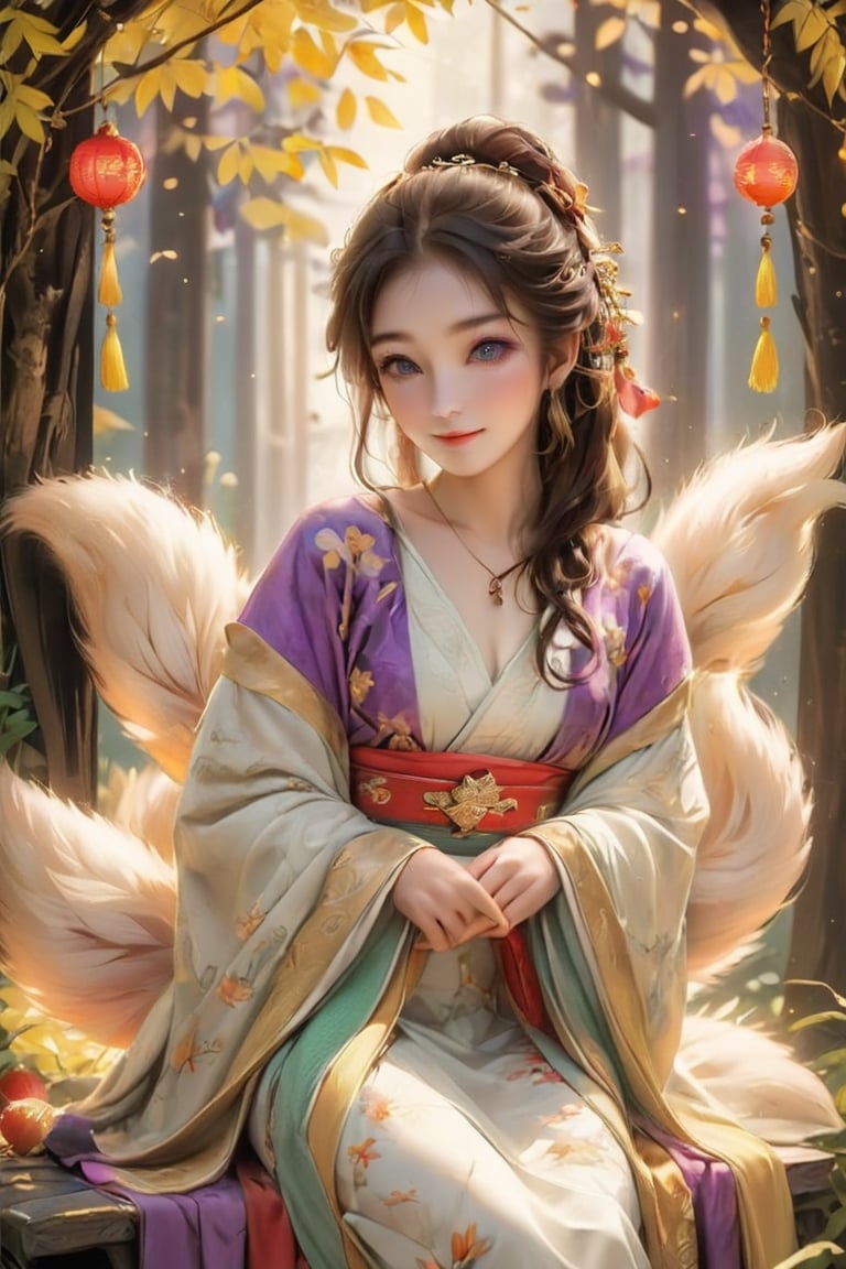 Beautiful 1girl, ((12 years old)), (masterpiece, top quality, best quality, official art, beautiful and aesthetic:1.2), (holding cute fox), funny pose, (seat on the swing :1.5), outside, With many animals, (executoner), extreme detailedw, colorful, highest detailed ((ultra-detailed)), (highly detailed CG illustration), ((an extremely delicate and beautiful)), cinematic light, niji style, Chinese house style, in the morning light, maple tree bloom, sunray through the leaves, beautiful eyes, ((light brown eyes)), perfect face, smiling happily, 32k ultra high definition, Pixar movie scene style, realistic high quality Portrait photography, eternal beauty, the lantern behind her emits a soft light, beautiful and dreamy, the flowers are in bloom, and the light bokeh serves as the background, (bronze eyes:1.4), ((purple and yellow hues)), hanfu ,Watermelon slices in a plate,