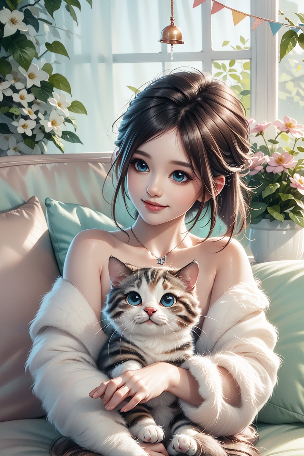 (best quality,ultra-detailed,cute animals,vivid colors,soft lighting,digital illustration,fluffy fur,playful expressions,adorable poses,dreamy atmosphere,colorful surroundings), (art by Makoto :1.5), digital art, child, cute cat, 16K, cool wallpaper, things, jasmine, pillows, clutter, toy, basket, wood, pot, can copper, garden yard, circle face, smile, sharp focus, HDR, cute hair,onitsukaAdd more details