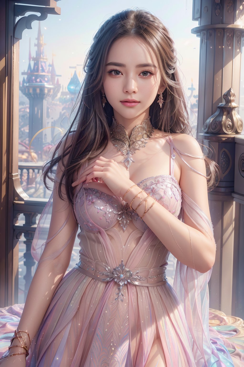 (best quality), (extremely detailed CG unity 8k wallpaper:1.1), (colorful:0.9),(panorama shot:1.4),upper body,looking at viewer, from above, 15yo, (((Disney cartoon cosplay))), (Disney land Tokyo :1.4), fun, smile, happiness, Nature, colorful, exposure blend, medium shot, bokeh, high contrast, (muted colors, dim colors, soothing tones:1.3), low saturation, Adorable cloth, shiny, (high quality:1.3), (masterpiece, best quality:1.4), (ultra detailed, 8K, 4K, ultra highres), (Beautifully Detailed Face and Fingers), (Five Fingers) Each Hand, nice hands, (perfect fingers, perfect hands :1.3), sharp focus, professional dslr photo, (Photorealistic:1.4), UHD, HDR, volumetric fx, (((intricate details))), extremely detailed CG, cinematic photo, perfect photography, professional, perfect sky, shiny, glitter, gradient color all fluentcolor, colorful, (professional photograpy:1.1),