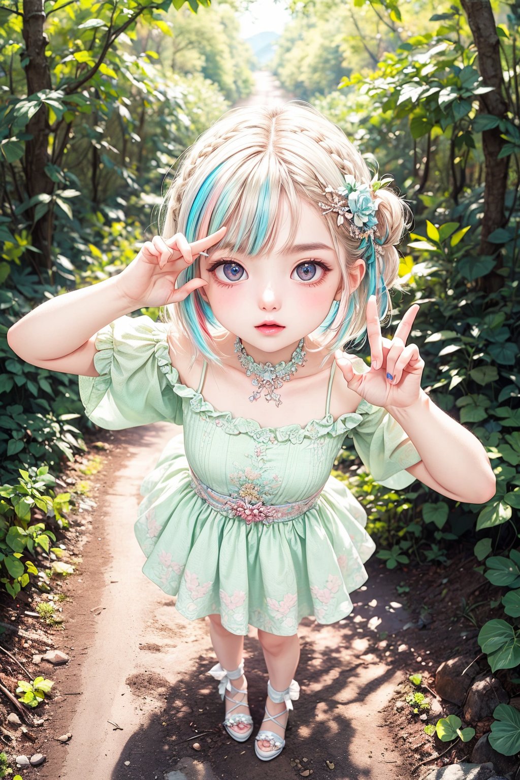 (best quality),(masterpiece:1.1),(extremely detailed CG unity wallpaper:1.1), (colorful cloth :1.3),(panorama shot:1.4),looking at viewer, from above, high res, detailed face, detailed eyes, 1 girl, solo, short-bob roughtly cut and two braided hair-bangs tied behind her head, cute hairstyle, full body, mountain forest , outdoors, (perfect fingers :1.4), perfect face, five fingers for each hand, (photo shoot pose :1.4), fantasy,Exquisite face