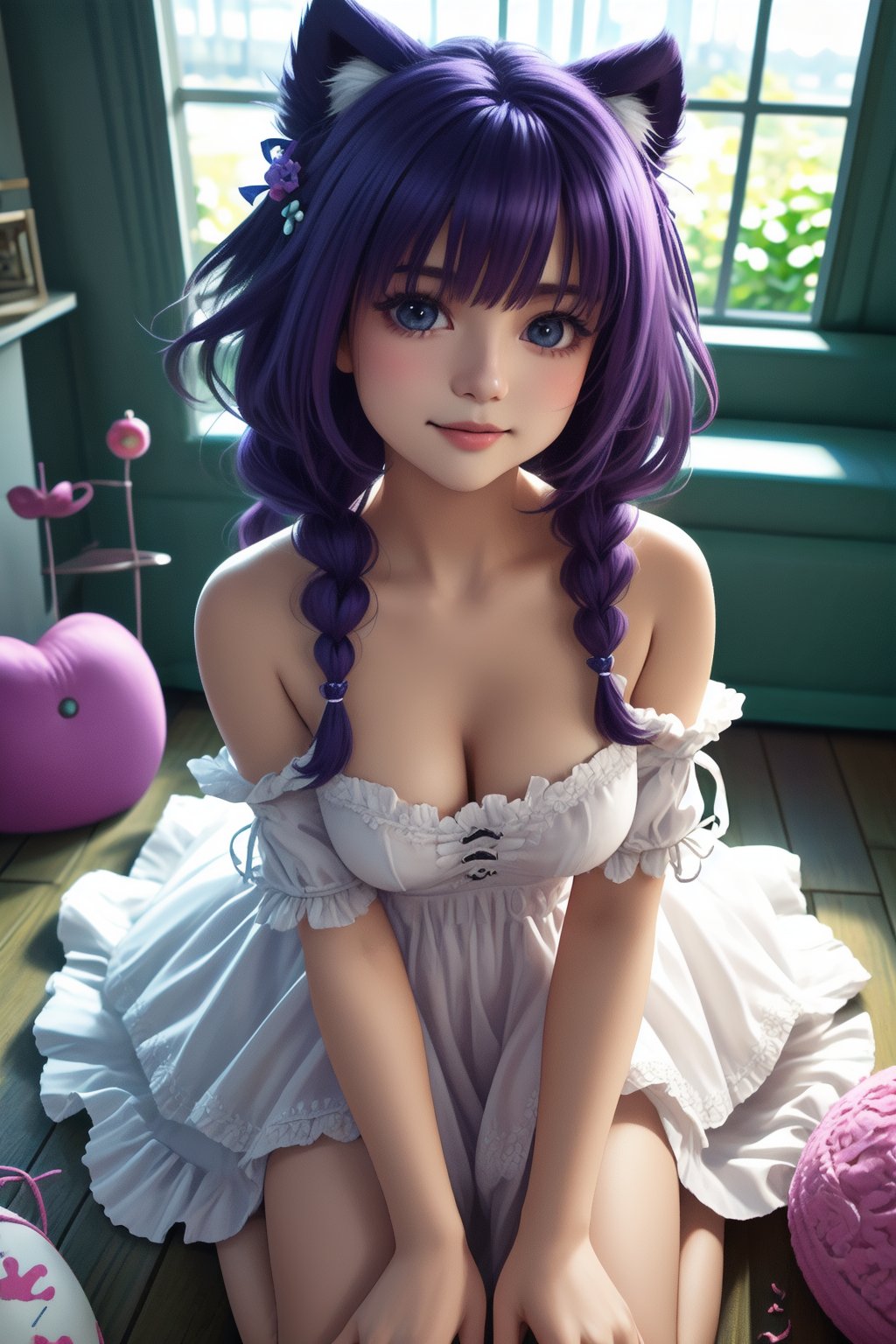 Masterpiece, beautiful details, perfect focus, 8K, high resolution, exquisite texture in every detail, 1girl, solo, looking at viewer, blush, smile, bangs, blue eyes, hair ornament, purple hair, hair rings, twin braids, hair flower, hair ribbon, hair between eyes, (best quality,ultra-detailed,cute animals,vivid colors,soft lighting,digital illustration,fluffy fur,playful expressions,adorable poses,dreamy atmosphere, colorful surroundings), (art by Makoto :1.5), digital art, child, cute cat, 16K, cool wallpaper, things, jasmine, pillows, clutter, toy, basket, wood, pot, can, copper, garden yard, smile, sharp focus, HDR,Add more details,