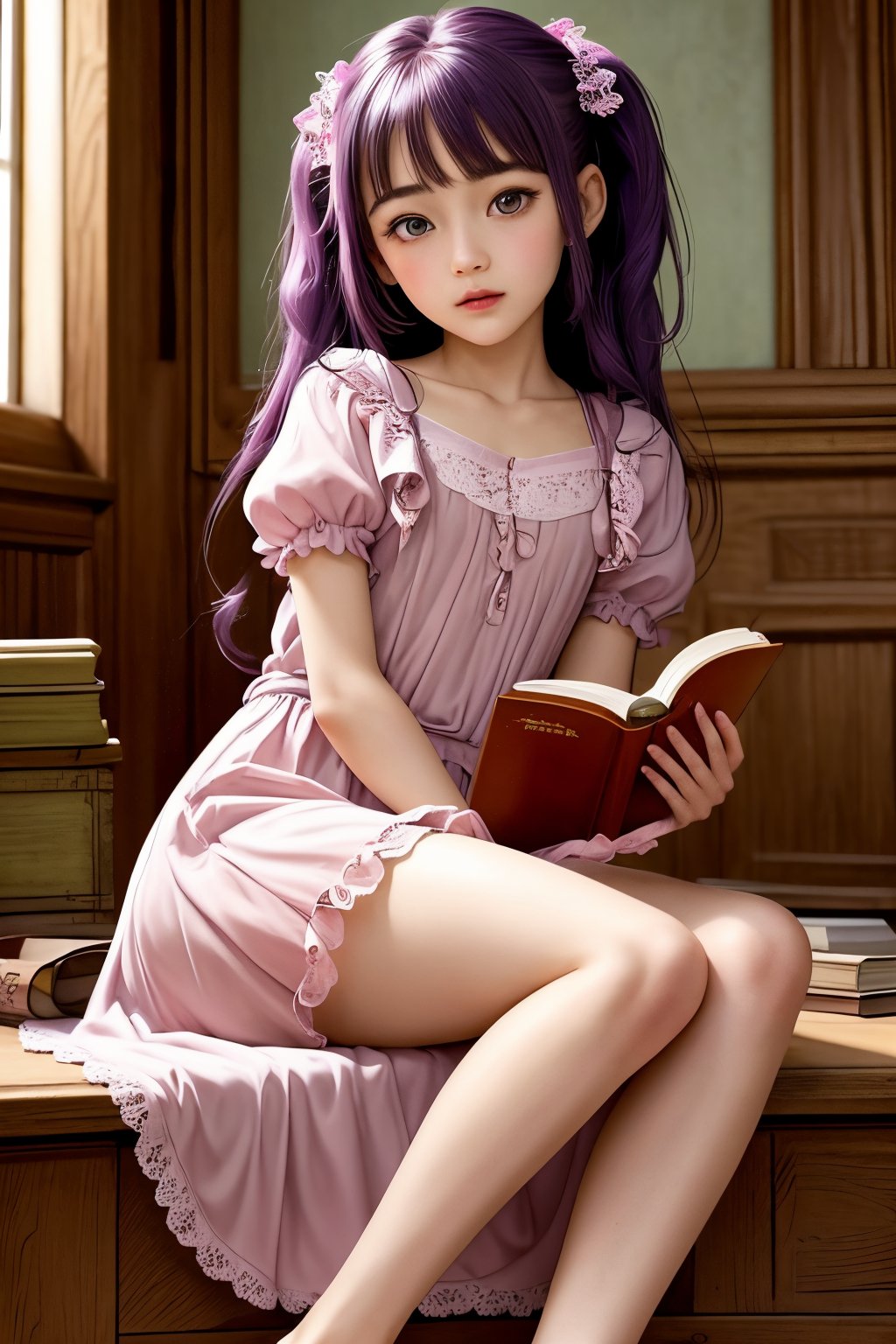 beautiful details, perfect focus,high resolution, exquisite texture in every detail, looking at viewer, blush, smile, bangs, copper eyes, hair ornament, purple hair, hair rings, twin braids, hair ribbon, hair between eyes, 
adorable girl dressed in a (Bisque Doll-like girl outfit: 1.1) The charming ensemble features a frilly collar and cuffs, with delicate lace details, ((1girl 15yo)), (female child, loli:1.3),  ((waist up body of Dilraba Dilmurat)), (Realistic: 1.2), (illustration: 1.2), (perfect eyes:1.3, perfect face:1.3), long eyelashes, perfect lighting, perfect shading, (best quality, masterpieces), (realphoto , photographic, 35mm f2.0:1.4),(Western, old school :1.2), fantasy, (beautiful girl:1.2), (beautiful face:1.2), (Small room, cluttered room, stairs:1.2),(book:1.6), Books are scattered all over the place, colorful dynamic, (sitting_on_stairs:0), sitting, (reading a book, looking at book,looking at another:1.4), expressionless, dutch angle, barefoot, side lighting, dynamic color hair,
(ultra-detailed, vivid colors,soft lighting, digital illustration) expressions, (dreamy atmosphere, colorful surroundings), digital art, 8K, 16K, cool wallpaper, things, jasmine, pillows, clutter, wood toy, sharp focus, HDR, Add more details,