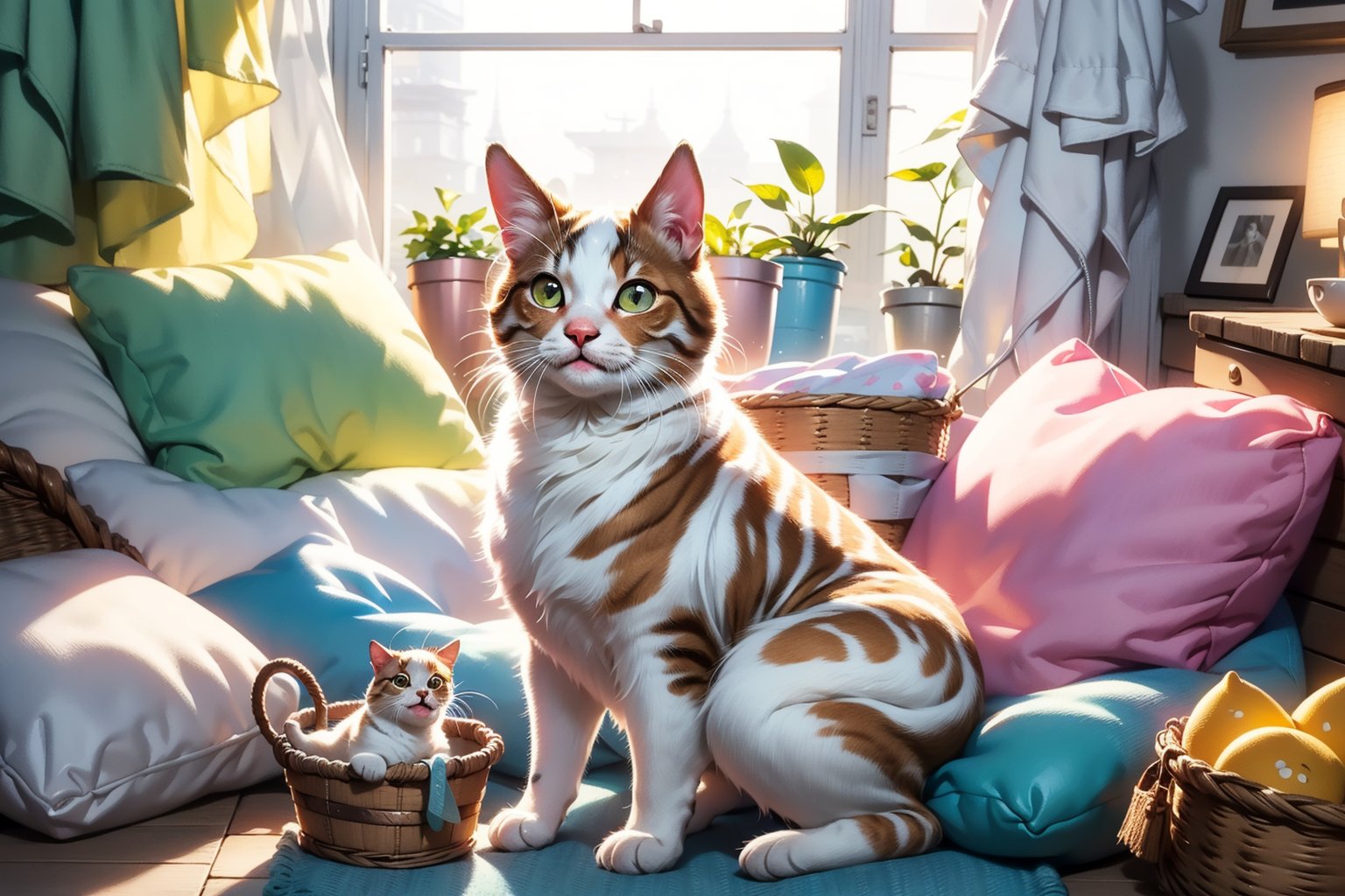 (best quality,ultra-detailed,cute animals,vivid colors,soft lighting,digital illustration,fluffy fur,playful expressions,adorable poses,dreamy atmosphere,colorful surroundings), (art by Makoto :1.5), digital art, child, cute cat, 16K, cool wallpaper, things, jasmine, pillows, clutter, toy, basket, wood, pot, can copper, garden yard, circle face, smile, sharp focus, HDR,Cosplay,onitsuka_natsumi_lovelivesuperstar,Add more details,yui ,A girl