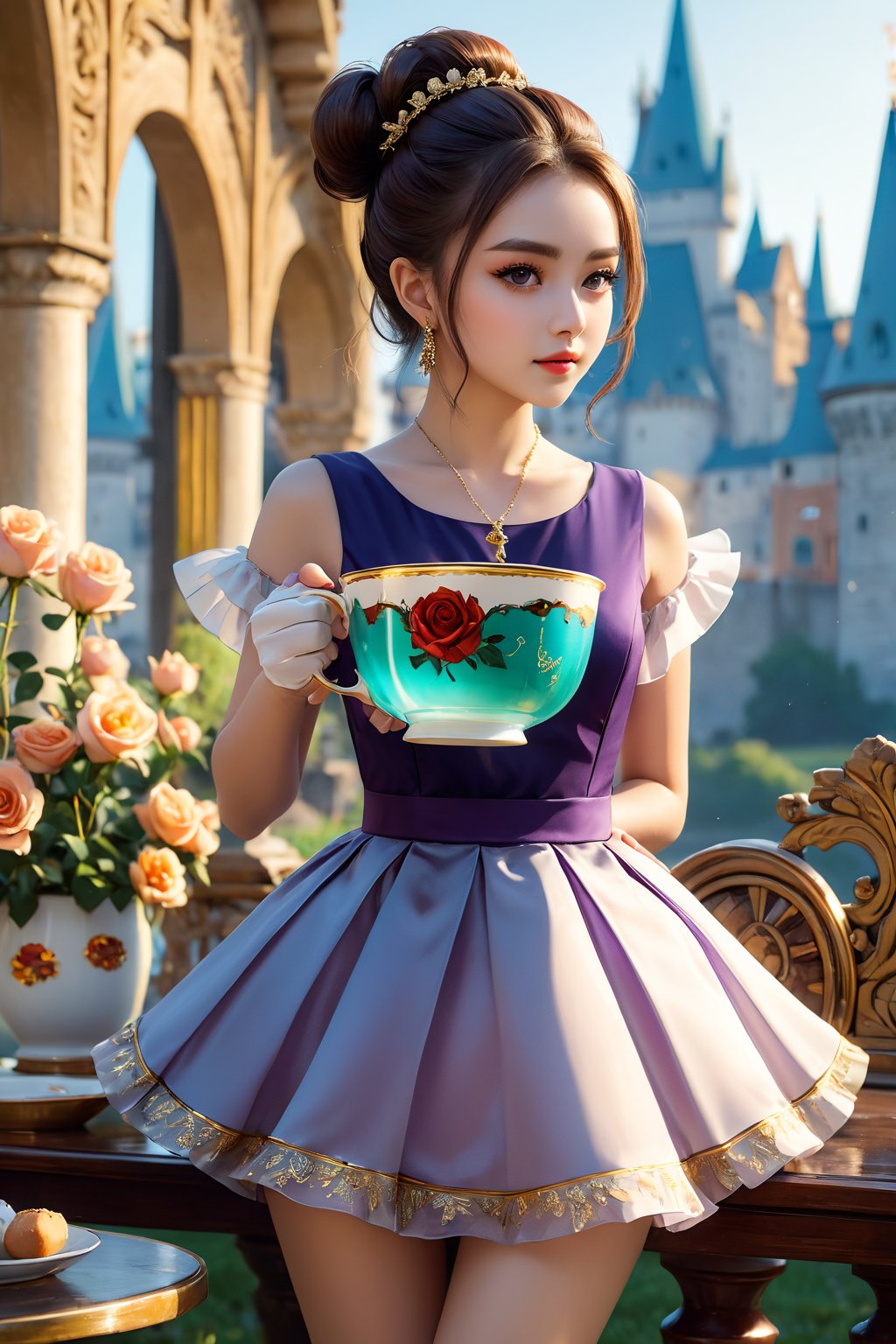 high resolution, (1 girl 15 years old), solo, ((extra wide shot)), Waist up portrait, (long hair:1.6), (hair bun), garnet hair color, purple eyes, (ultra detailed), High quality shadow, 4K, ((beautiful face)), beautiful body, (beauty skin), best quality, ((masterpiece)), vintage end table, (Full fry breakfast on sunny morning food), (vintage tea cup with hot tea with steamed), extremely detailed cg, suggestive, (intricate details: 1.3), slim waist, (high quality wear and cloth), Ruffle Pleated Chiffon taffy dress, realistic, illustration, (outdoor), peacock, look at viewer, best ratio four finger and one thumb, ((behind view:1.6)), (sunrise in the field),  ((arctic cloth color)), quality hand, High quality texture, a realistic representation of the face, (lie face down: 1.4), clear light, Red and peach roses in gold flower, ((an ancient fantasy city and castle background)), (Beautiful and clean nails), pearls, ornament