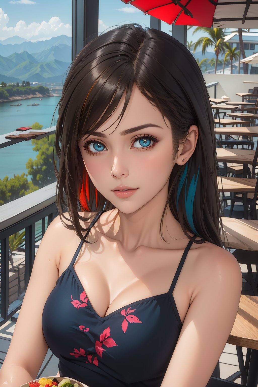 ultra detailed, (masterpiece, top quality, best quality, official art, perfect face:1.2), UHD, cinematic, (muted colors, dim colors), perfect face, perfect eyes, long-lenses photograph, realistic, 8K, 16K, with mountains and valleys, dynamic lighting, (1girl), in an outdoor restaurant overlooking the ocean, table has food and drinks, candles, vibrant colors, she is styling with a Hawaiian dress, detailed expressive eyes, bright mood lighting coconut tree, foliage, potted plants, treehouse, balcony, photorealistic, masterpiece, romance, Line art, ,Ground Mine Girl,GUQINGHAN,meidri