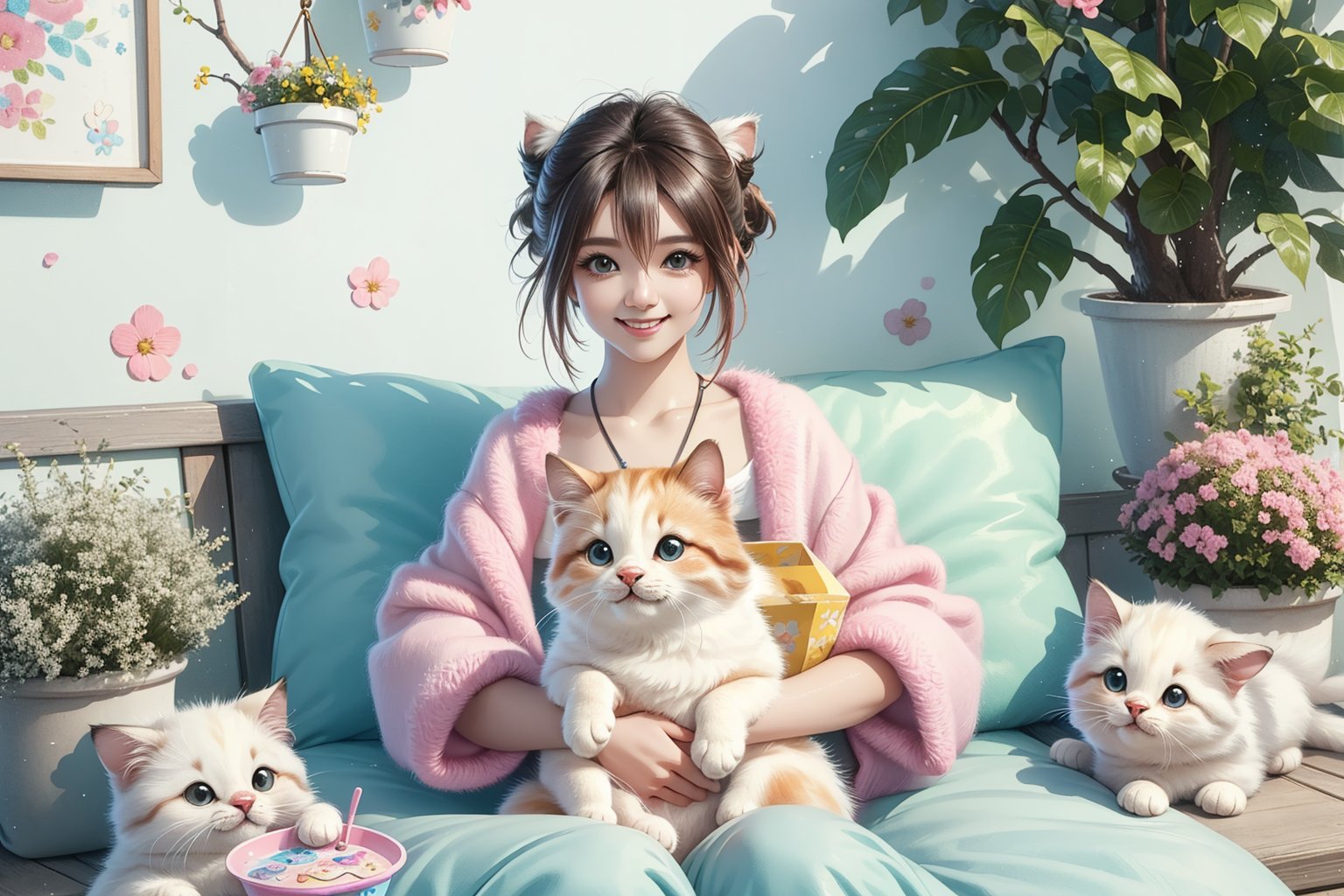 (best quality,ultra-detailed,cute animals,vivid colors,soft lighting,digital illustration,fluffy fur,playful expressions,adorable poses,dreamy atmosphere,colorful surroundings), (art by Makoto :1.5), digital art, child, cute cat, 16K, cool wallpaper, things, jasmine, pillows, clutter, toy, basket, wood, pot, can copper, garden yard, circle face, smile, sharp focus, HDR,Cosplay,onitsuka_natsumi_lovelivesuperstar,Add more details