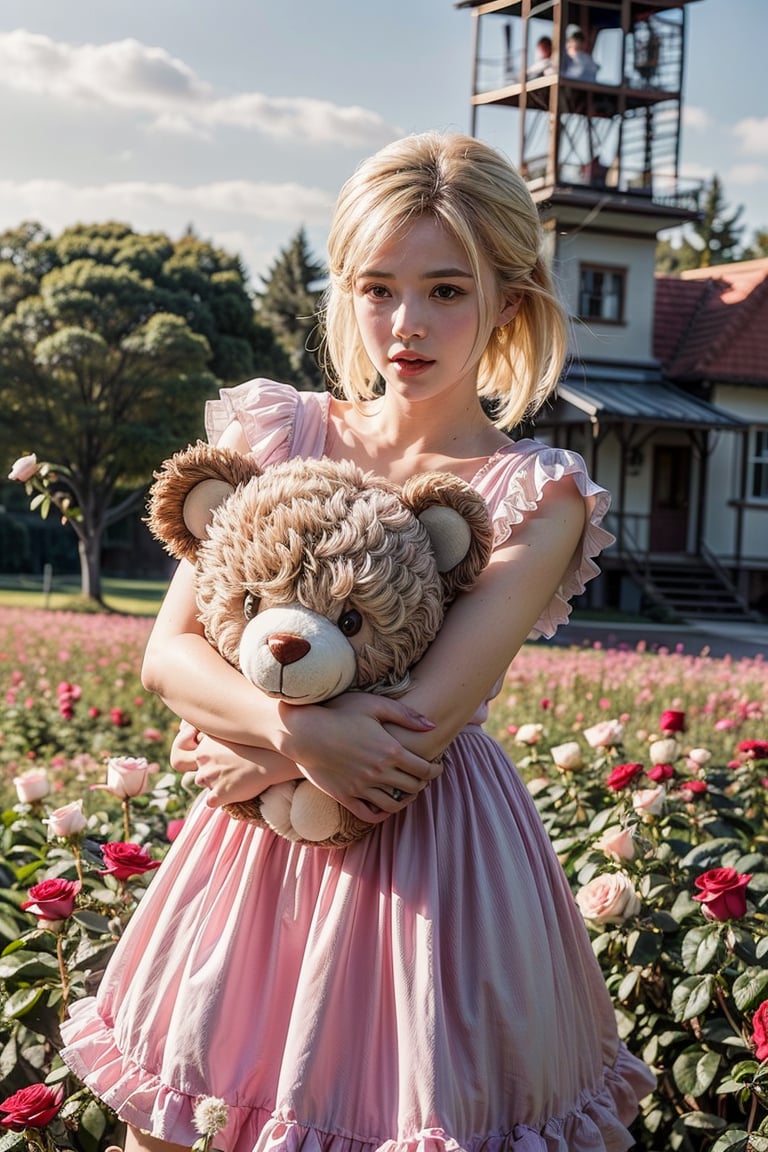 ultra detailed,  (masterpiece,  top quality,  best quality,  official art,  perfect face:1.2),  UHD,(cinematic, azure and light pink:1),  (muted colors,  dim colors),  falling petals , happiness, (trendy cloth :1.4), fashion dress, (full field roses :1.4), (((hold a teddy bear))), (dynamic action posing), tree house, park, swing, (pink-yellow sky :1.2), cute_girl, pastel flowers , lilac, rose, Line art,1girl, Light master