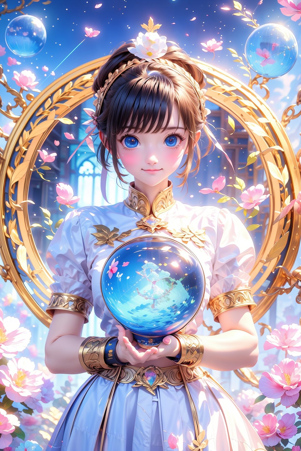 1girl, solo, young, (masterpiece), (absurdres:1.3), (ultra detailed), HDR, UHD, 16K, ray tracing, vibrant eyes, perfect face, award winning photo, beautiful, shiny skin, (highly detailed), clear face, teenage cute delicate girl, (shy blush:1.1), (high quality, high res, aesthetic:1.1), (dynamic action pose:1.3) ,slightly smile, lens flare, photo quality, big dream eyes, ((perfect eyes, perfect fingers)), iridescent brown hair, vivid color, perfect lighting, perfect shadow, realistic, stunning light, (atmosphere :1.6), nice hands, insane details ,high details ,kawaii, (extra wide shot: 1.8)

(Sharp focus realistic illustration:1.2), a giant glass sphere containing a small ecosystem, surrounded by measurement devices is installed in large-scale factory, a girl Priest stands next to the sphere, divine magic, sacred texts, ceremonial robes, incense, healing spells, blessing rituals, BREAK intricate illustrations, delicate linework, fine details, whimsical patterns, enchanting scenes, dreamy visuals, captivating storytelling, church and stain glass background, messy interior, book, elemental, feature, flower, ((pink gold style)),Add more details