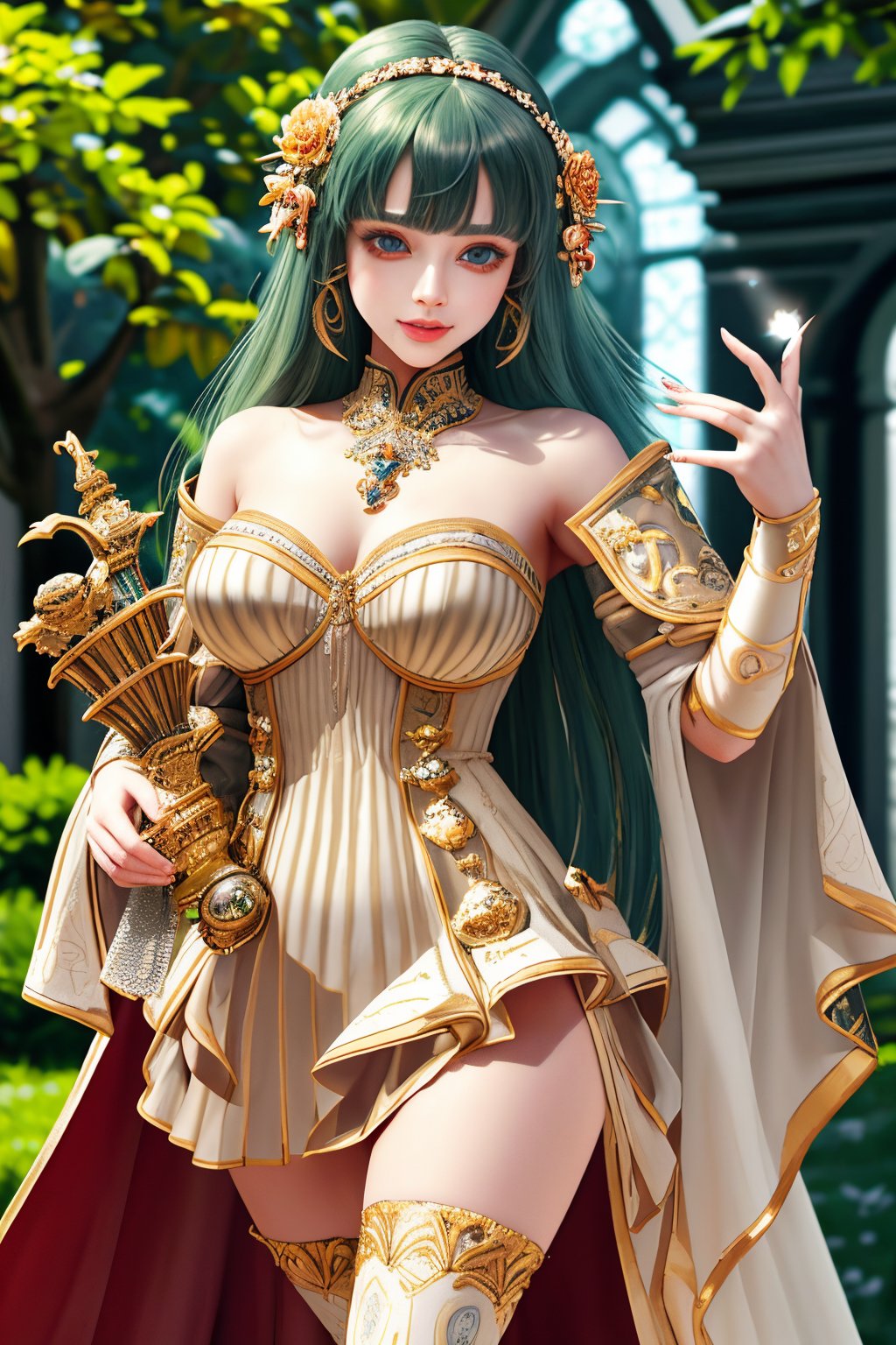 (masterpiece), (absurdres:1.3), (ultra detailed), HDR, UHD, 16K, ray tracing, vibrant eyes, perfect face, award winning photo, 1 girl with long hair, blond-green hair with bangs, bronze eyes, detailed face, wearing a fancy ornate (((folk dress))), shoulder armor, armor, glove, hairband, hair accessories, striped, (holding the great weapon:1.7), jewelery, thighhighs, pauldrons, side slit, capelet, vertical stripes, looking at viewer, fantastical and ethereal scenery, daytime, church, grass, flowers. Intricate details, extremely detailed, incredible details, full colored, complex details, hyper maximalist, detailed decoration, detailed lines, best quality, dynamic lighting, perfect anatomy, realistic, more detail, ,Architect, shiny skin, (shy blush:1.1), (dynamic action pose:1.3) ,slightly smile, lens flare, photo quality, big dream eyes, ((perfect eyes, perfect fingers)) ,kawaii, (Sharp focus realistic illustration:1.2), holding stuff, ,candystyle