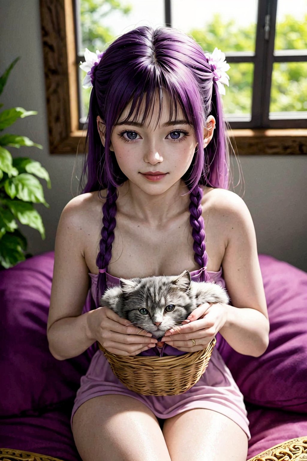 Masterpiece, beautiful details, perfect focus, 8K, high resolution, exquisite texture in every detail, 1girl, solo, looking at viewer, blush, smile, bangs, blue eyes, hair ornament, purple hair, hair rings, twin braids, hair flower, hair ribbon, hair between eyes, (best quality,ultra-detailed,cute animals,vivid colors,soft lighting,digital illustration,fluffy fur,playful expressions,adorable poses,dreamy atmosphere, colorful surroundings), (art by Makoto :1.5), digital art, child, cute cat, 16K, cool wallpaper, things, jasmine, pillows, clutter, toy, basket, wood, pot, can, copper, garden yard, smile, sharp focus, HDR,Add more details