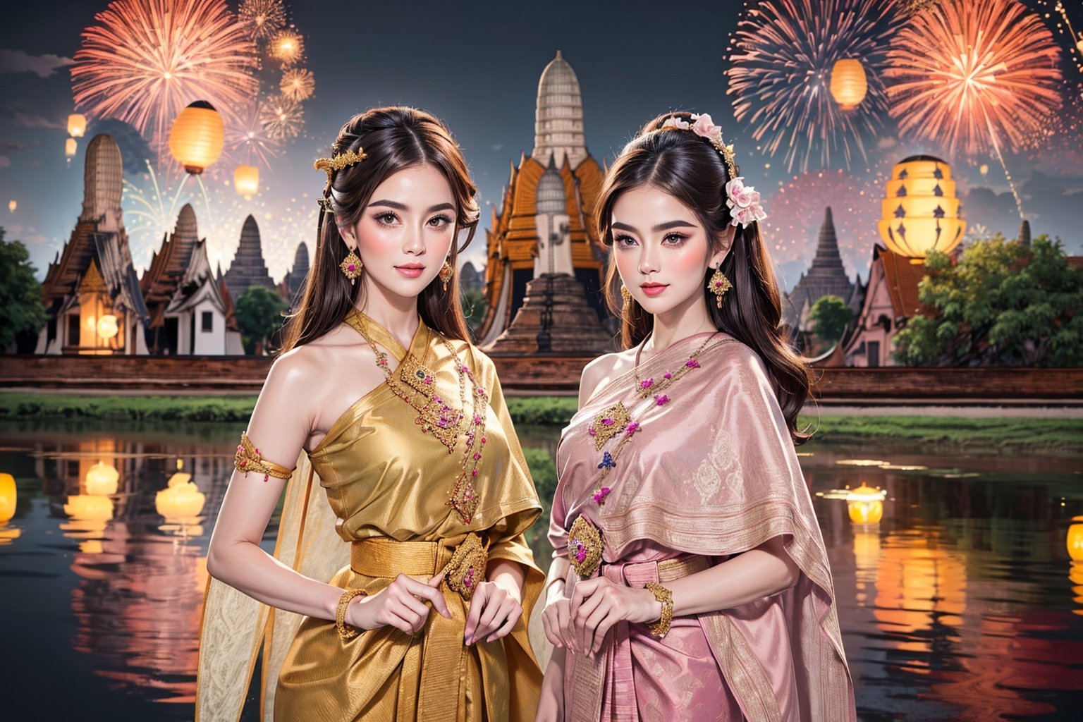 (((Night:1.5))), (masterpiece, best quality, ultra-detailed, 8K), 1 girl, solo, (realistic, illustration :1.2), cgi art, (((fireworks and lanterns background))),  UHD), brilliant color, rim light, Floating basket,  Sit nearby river,

(Celebrating Loy Krathong in Thailand:1.5), (full moon:1.4), The sky is filled with beautiful lanterns ,Loy Krathong Festival, (Loy Krathong),

(Perfect shadow, perfect lighting),  ((bombshell hair or bun hair with bangs)), brown hair, rosy skin, perfect anatomy, (angle below:1.4)
((Purple-pink color, layers thai traditional dress)), 
(Lotus :1.2), (pink sabai),(jewelry:1.2), (linekanok pattern:1.25), dress,  (((long sleeve)) ,linevichit, dark tone Dress, sabai, (Sabai:1.6), Sabai,Extremely Realistic, night sky view background,Thai Dress