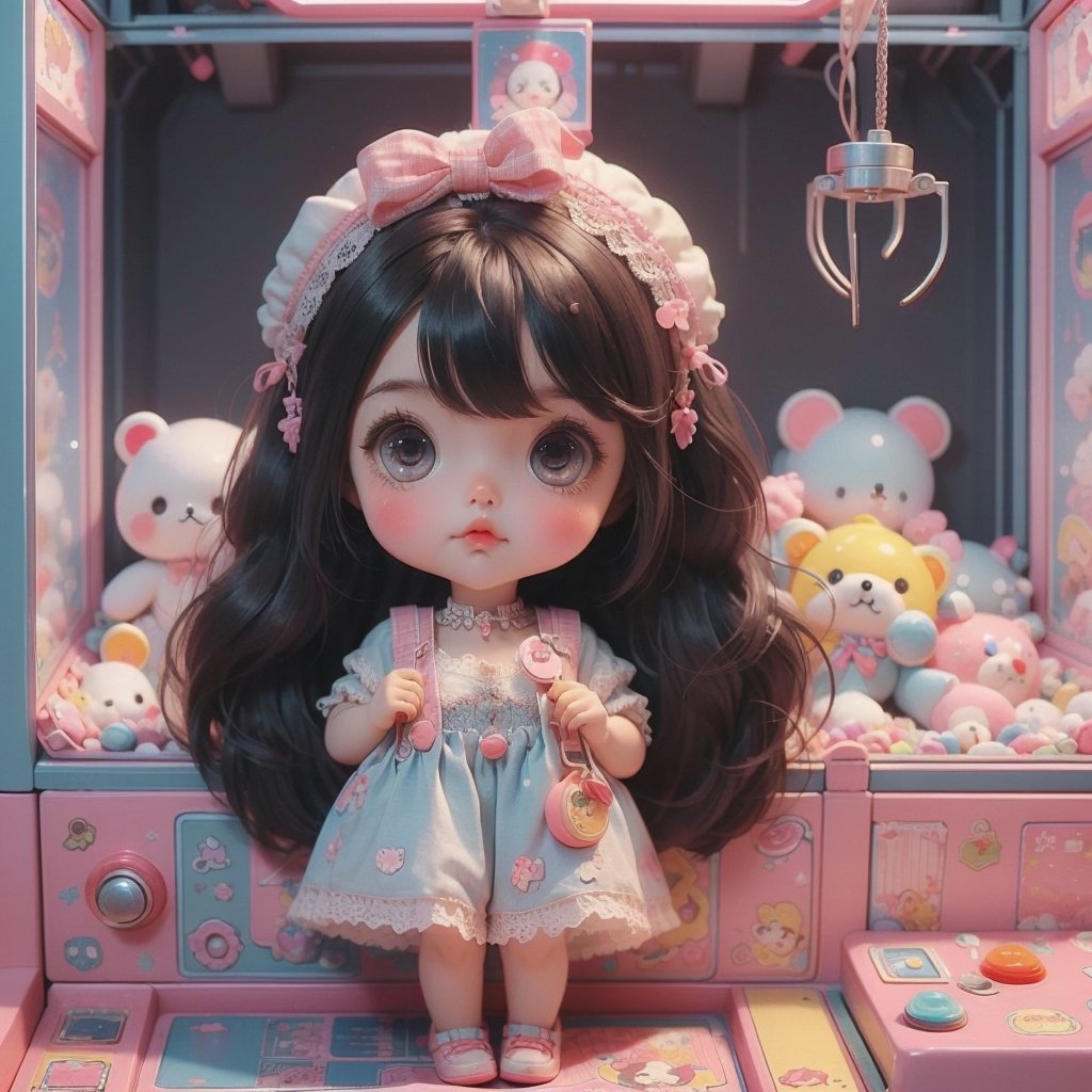 1girl, best quality, ultra-detailed, (((masterpiece))), (((best quality))), extremely detailed, ((claw machine)), ((claw is clamping a doll box up)), hand on bottom panel, control joystick and press button with hand, cleavage, big tits, ribbon, beige lace overalls, black updo longhair, shy, blush, petite figure proportion, claw machine, Glittering, cute and adorable, (perfect lighting, perfect shadow), dreamlike scenery,Realism, blending colors,vibrant hues, amazing photo, wearing dress pretty ruffle, cute shoe, Chibi, ,chibi