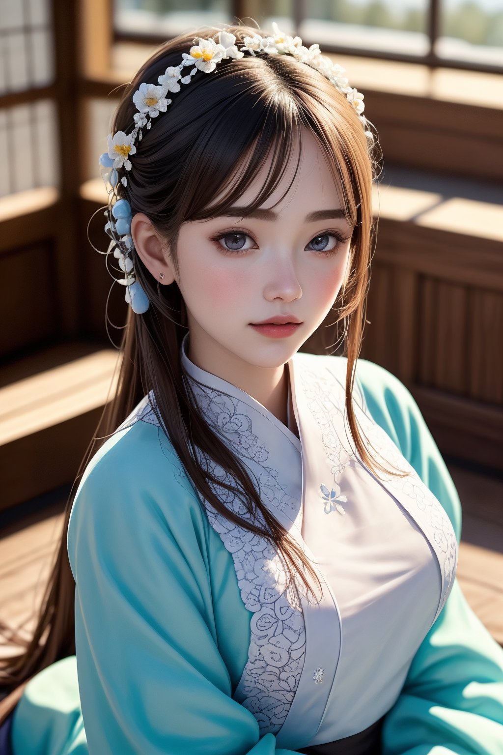 Masterpiece, beautiful details, perfect, exquisite texture in every detail, 1girl, solo, looking at viewer, blush, smile, bangs, hair ornament, 8K, HDR, (background detailed), ((1girl 15yo)), (female loli:1.3), high resolution, ((Looks like of Dilraba Dilmurat)), (Realistic: 1.2), (illustration: 1.2), (perfect eyes:1.3), high resolution, cute and big eyes, (Vanilla, cyan, cotton, mahogany hues), blows in the wind, (detailed and beautiful face: 1.4), perfect face, ((HEX #d9aceb)), (ultra-detailed:1.1), Winkle, slender, Holding her body tightly, random light hair color, French twist , lens flare, (ray tracing: 1.4), (pastel tone: 1.3), perfect lighting, perfect shading, dynamic side lighting, (screencap), production art, nearby snow mountain, In the snow all over the sky, (finely detailed face:1.2), ((best quality)), ((masterpiece)), ((ultra detailed)), (sharp image), (wide shot: 1.3), hyperrealism, (soft light, sharp, exposure), happy, elegant, tullece, dress, see-through, sitting,mist,river,mountain, perfect hands, good hands, feminine pose, ((winter hanfu fantasy style)), ornaments, (((take a dip orderly onsen))), Oolong Tea, big eyes, smile, sharp focus, Add more details