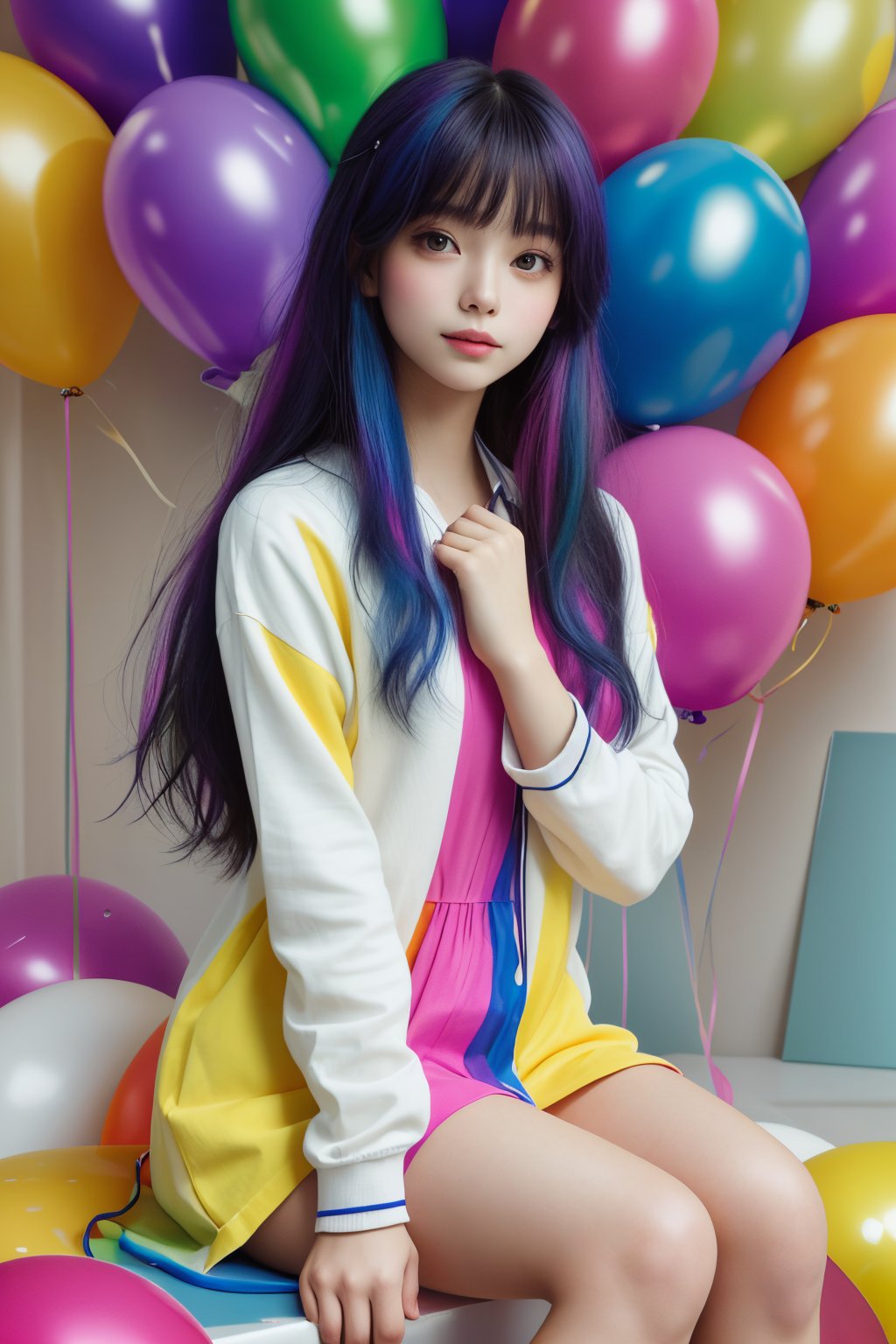 masterpiece, best quality, incredibly absurdres, 1girl, multiple colorful balloon, sitting, happy, closed mouth, casual outfit, very long hair, multi colored hair, confetti, upper body, bangs
