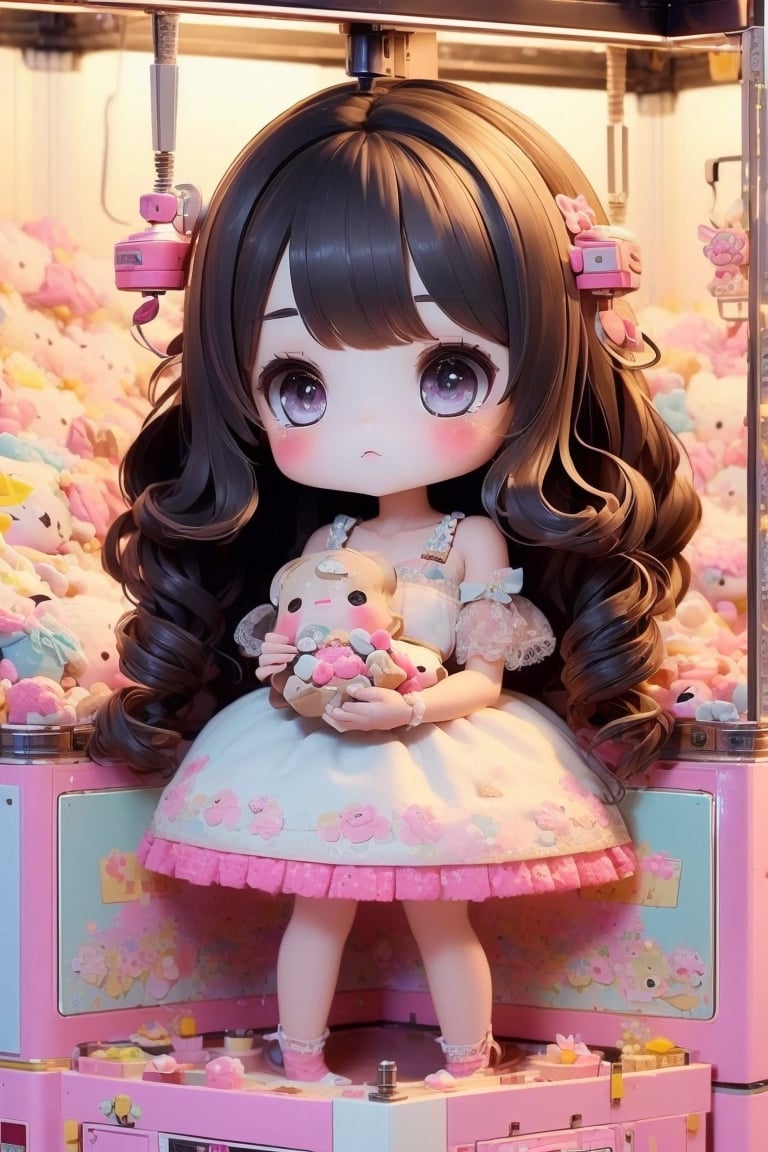 1girl, best quality, ultra-detailed, (((masterpiece))), (((best quality))), extremely detailed, ((claw machine)), ((claw is clamping a doll box up)), hand on bottom panel, control joystick and press button with hand, cleavage, big tits, ribbon, beige lace overalls, black updo longhair, shy, blush, petite figure proportion, claw machine, Glittering, cute and adorable, (perfect lighting, perfect shadow), wide shot, dreamlike scenery, Realism, blending colors,vibrant hues, amazing photo, wearing dress pretty ruffle, cute shoe, hug pillow heart, holding cute doll, Chibi, chibi,UFOCatcher