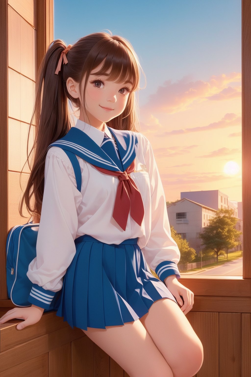 (perfect face), top quality, (official art :1.2), UHD, HDR, 16K, 8K, vivid color, (high quality:1.3), (masterpiece, best quality:1.4), (ultra detailed, ultra highres), sharp focus, extremely detailed CG, cute hair style (illustration:1.2), (photorealisitc :1.37), high contrast, colorful, ((school uniform)), brown hair, long hair, bangs, hair ribbon, brown eyes, hair tucking,
skirt, socks, bag, pleated skirt, school bag, loafers, looking at viewer, wind, neckerchief, long sleeves, kneehighs, sailor collar, sky, railing, brown footwear, petals, leaf, ribbon ,slender hands, (extremely beautiful, super cute:1.3), (detailed face, rosy skin, perfect eyes, detailed pupil), (cute animal:1.4), stairs, mandarin orange, dusk, duck toy, adorable, cloud, 1girl, solo, (smile), (dynamic action pose :1.2), (looking at camera:1.3), intricate details, (detailed high school background, school building :1.4) ,Charm of beauty twintails hair ribbon,window views