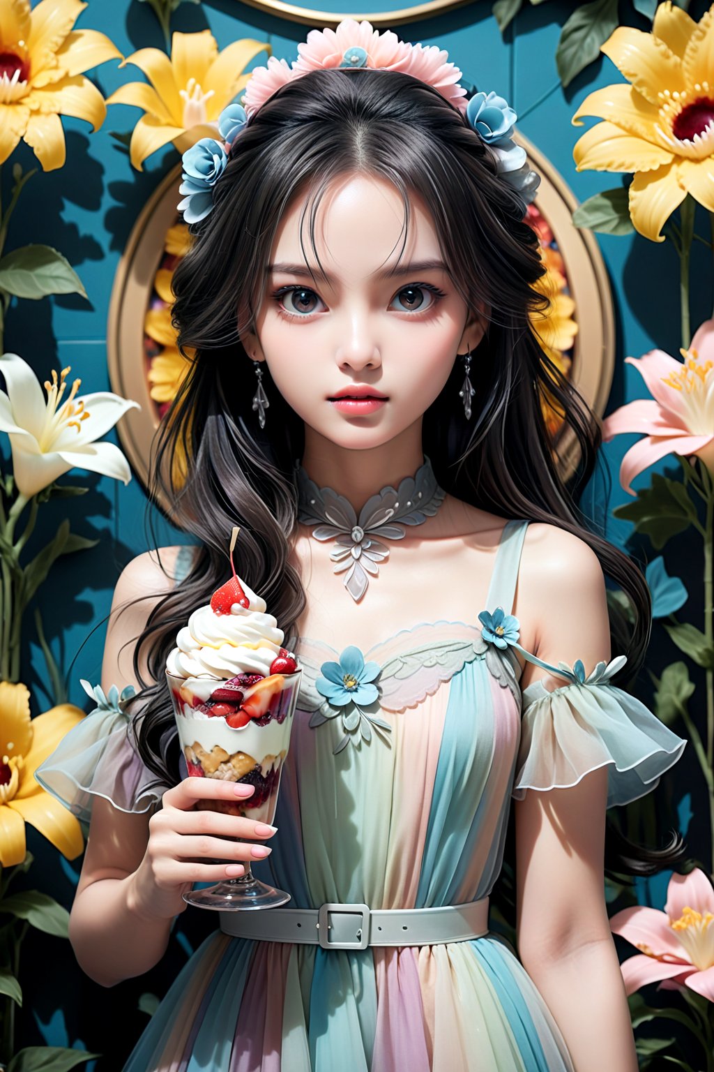 high contrast, highly detailed, 4k, 8k, HD,  digital art, ultra detailed, (masterpiece, top quality, best quality, official art, perfect face:1.2), UHD, (cinematic, azure and light pink:0.85), 32K, (Beautifully Detailed Face and Fingers), (muted colors, dim colors), vanilla dress, young beautiful girl, dynamic posing, art, 1girl, pop culture modern aesthetic cafe, bright, (flower wall:2), (parfait, dessert :1.4), (Five Fingers for Each Hand), (5fingers, detailed hand:1.2),(fine fingers, real hands, real fingers :1.5),More Details