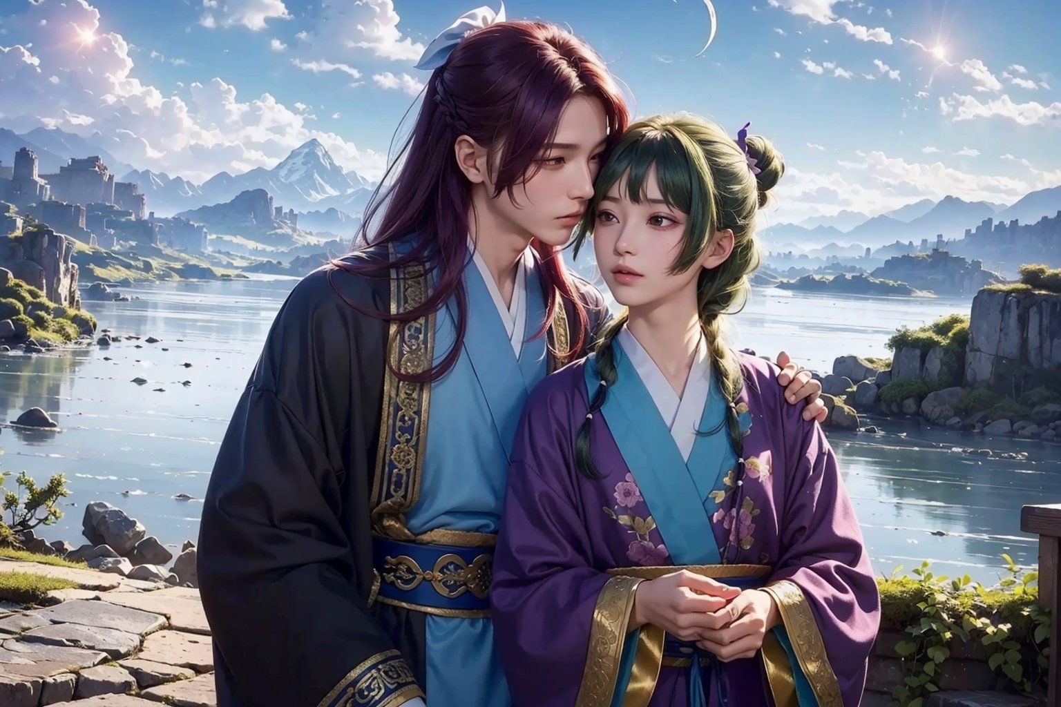 ultra detailed, (masterpiece, top quality, best quality, official art, perfect face:1.2), UHD, cinematic, (muted colors, dim colors), perfect face, perfect eyes, long-lenses photograph, realistic, 8K, 16K, with mountains and valleys, sun and the moon skimpy silhouettes romantically kissing in the sky that is both day wand night , heart, romance, Roses, stunning light, wind is blowing, (1girl shiny long hair:1.4), (1boy short hair style :1.4),beach,photorealistic,

(1boy jinshi, wearing violet Chinese cloth, black robe hanfu, violet hair), (1girl maomao, green hair, hair ribbon , green chinese clothes red skirt), surprise kiss,