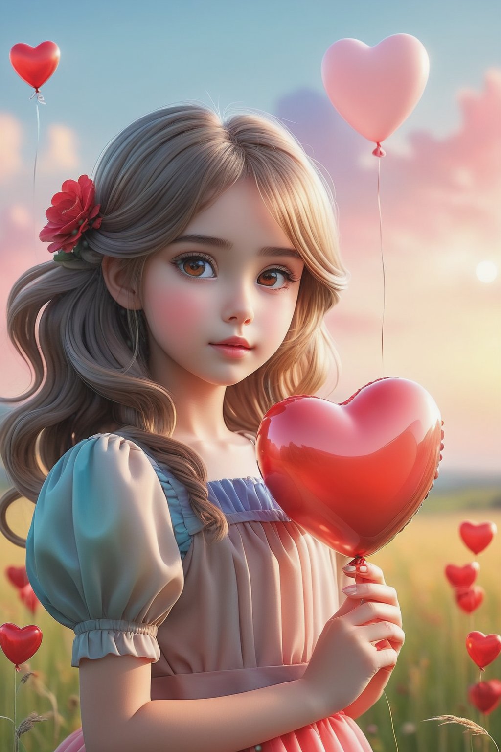 (masterpiece), (absurdres:1.3), (ultra detailed), HDR, UHD, 16K, ray tracing, vibrant eyes, perfect face, award winning photo, A silhouette of a young girl with flowing hair, standing in a field. She holds a red heart-shaped object, possibly a flower, in her hand. The background is framed within a heart shape, with a gradient of colors transitioning from a light beige at the top to a darker hue at the bottom. The overall mood of the image is serene and dreamy, evoking feelings of love and tranquility., painting, conceptual art, illustration shiny skin, (shy blush:1.1), (dynamic action pose:1.3) ,slightly smile, lens flare, photo quality, big dream eyes, ((perfect eyes, perfect fingers)) ,kawaii, (Sharp focus realistic illustration:1.2), adorable, (balloon:1.2)