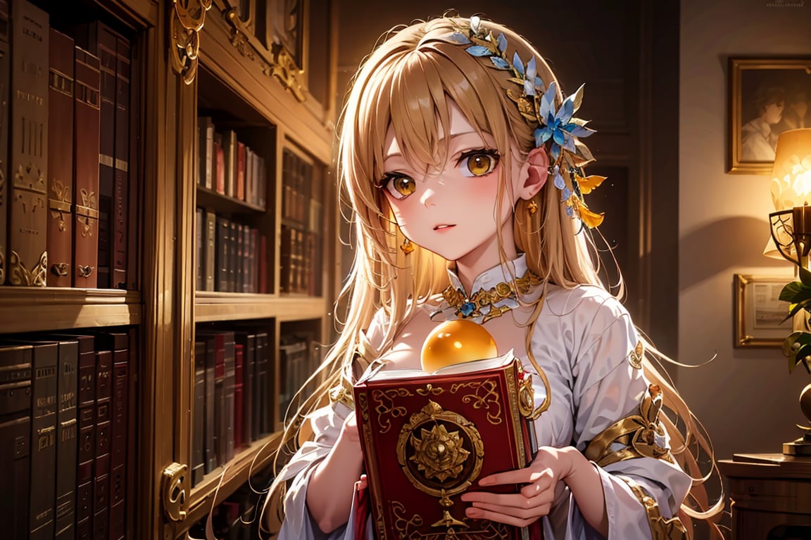 Masterpiece, Best Quality, highres, hyper detailed, A young librarian stands guard over a towering bookcase, holding a glowing orb. Ancient magic crackles around her, protecting the hidden knowledge within. (Mood: Mystical, protective. Setting: Grand library filled with ancient tomes and mystical artifacts. Color tone: Warm yellows, browns, and soft glows from the orb),jewel pet