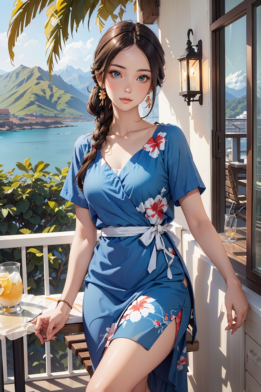 ultra detailed, (masterpiece, top quality, best quality, official art, perfect face:1.2), UHD, cinematic, (muted colors, dim colors), perfect face, perfect eyes, long-lenses photograph, realistic, 8K, 16K, with mountains and valleys, dynamic lighting, (1girl), in an outdoor restaurant overlooking the ocean, table has food and drinks, candles, vibrant colors, she is styling with a Hawaiian dress, detailed expressive eyes, bright mood lighting coconut tree, foliage, potted plants, treehouse, balcony, photorealistic, masterpiece, romance, Line art, ,Ground Mine Girl,GUQINGHAN,meidri