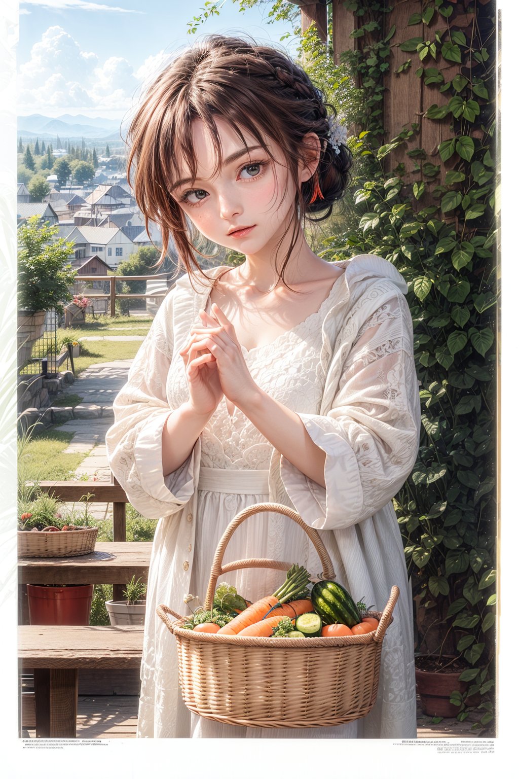 (best quality),(masterpiece:1.1),(extremely detailed CG unity wallpaper:1.1), (colorful cloth :1.3),(panorama shot:1.4),looking at viewer, from below, high res, detailed face, detailed eyes, 1 girl, solo, short-bob roughtly cut and two braided hair-bangs tied behind her head, cute hairstyle, full body, mountain forest , outdoors, (perfect fingers :1.4), perfect face, five fingers for each hand, fantasy, hugging basket , vetgetable, tomato , carrot, 🍆, 🥒, mint, Exquisite face,