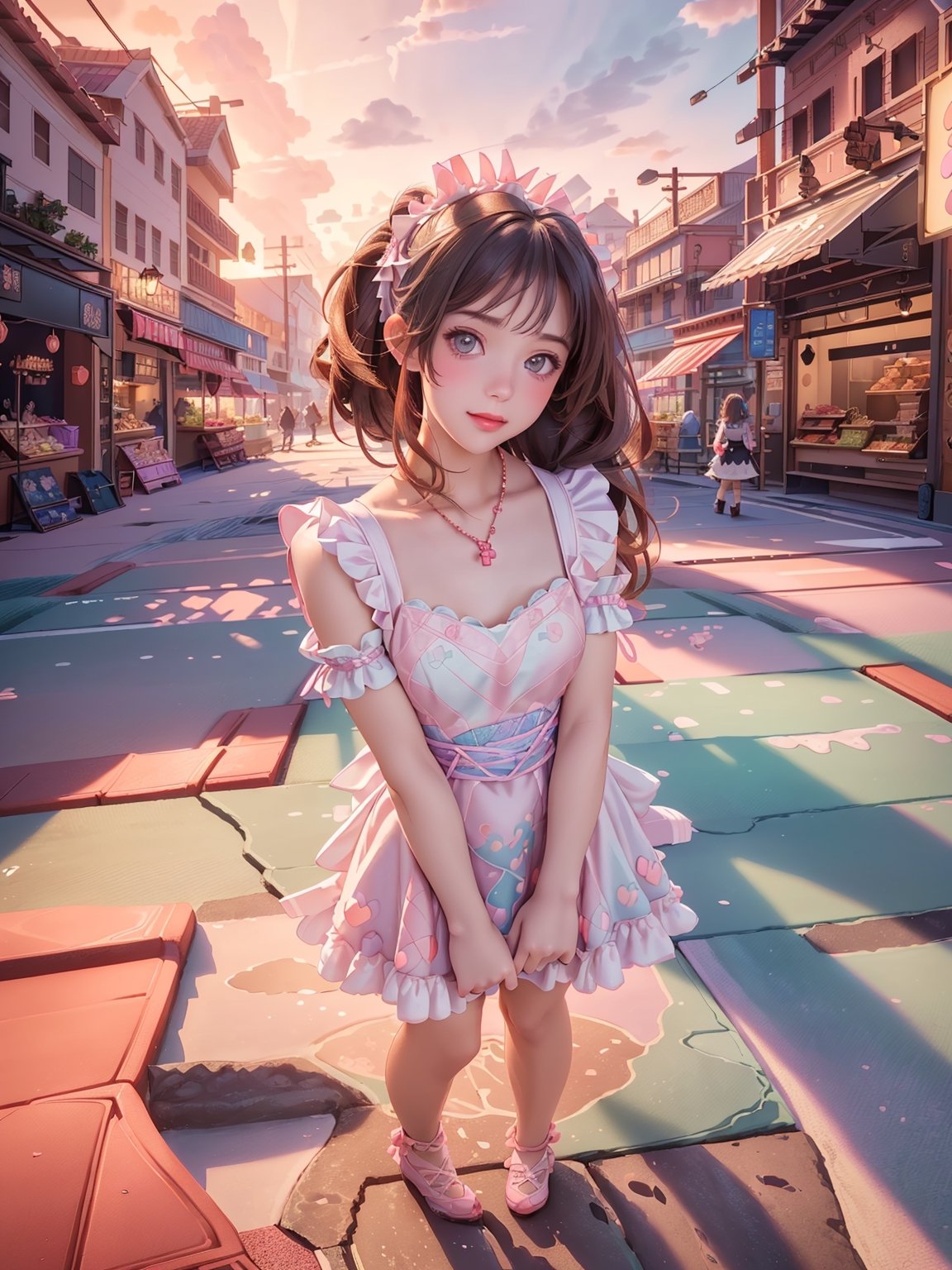 1girl, 14yo, (Realistic:1.4), Adorable, (high quality:1.2), (masterpiece, best quality:1.4), (ultra detailed, 8k, ultra highres), sharp focus, professional dslr photo, photoreal, (Photorealistic:1.4), UHD, HDR, volumetric fx, ray tracing, (((intricate details))), detailed eyes, detailed face, (((A girl shopping fresh food market , food field at dusk gazes dreamily at the crimson sky reflected on the surface of the water))), (standing on the sidewalk:1.6), dark-brown eyes , (stunning light:1.4), slightly smile, perfect anatomy, cinematic, romantic tone, (creative pastel maid design :1.6), vibrant colors, townsfolk ,hold basket, perfect face,