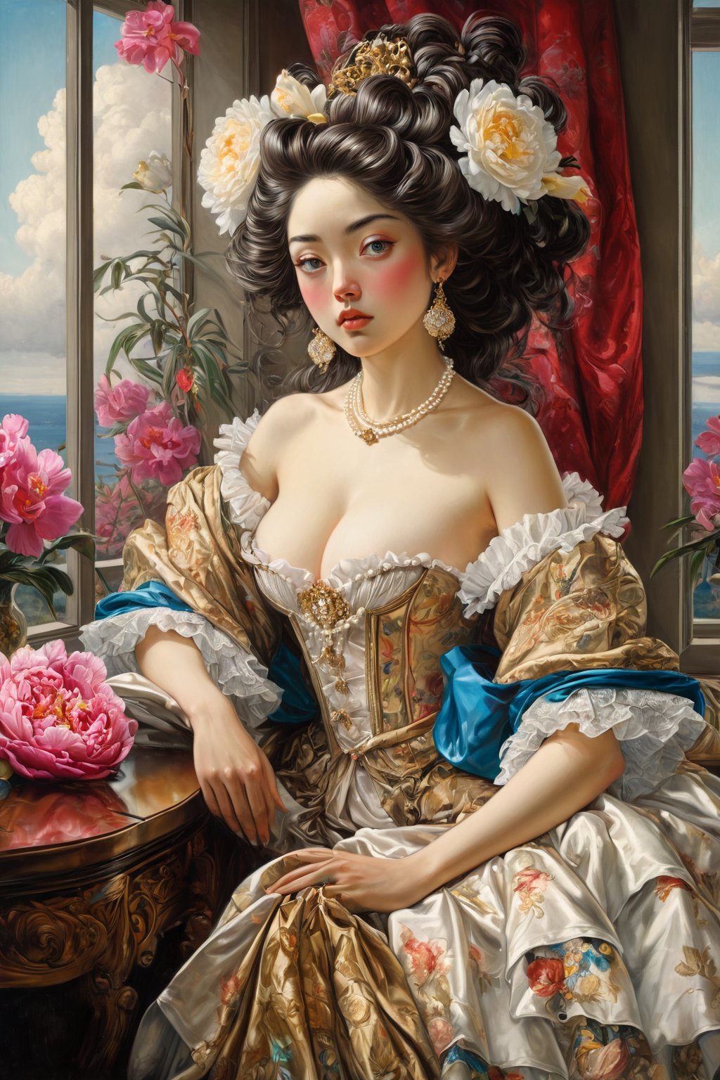 UHD, masterpiece, ultra detailed, Norman Rockwell Andrew Wyeth N.C. Wyeth James Gurney Howard Pyle A Rococo-inspired oil painting portrait of an aristocratic Japanese lady by a master artist like François Boucher. The subject is a beautiful young woman with powdered hair styled high and adorned with pearls and flowers. Her face is porcelain-smooth with rosy cheeks, bow lips, and sky blue eyes glancing coyly sideways. She wears an ornate gold ballgown with ruffled trimmings, the luxurious fabric cascading brightly around her. The background is vases spilling over with peonies, symbols of vanity and fleeting beauty. Soft brushwork surrounds the woman like an angelic aura. The lighting is bright and decorative. The mood is aristocratic yet playful, capturing the elite elegance and flirtatious charm emblematic of Rococo high society ladies immortalized through rich oil paints on canvas. Super high detailed with vibrant color, (orchid, iris, multicolor rose :1.3), lace, (Thai silk :1.3), (Creating handicrafts:1.4), luxury, (Bay Window:1.3),more detail XL, in the style of esao andrews